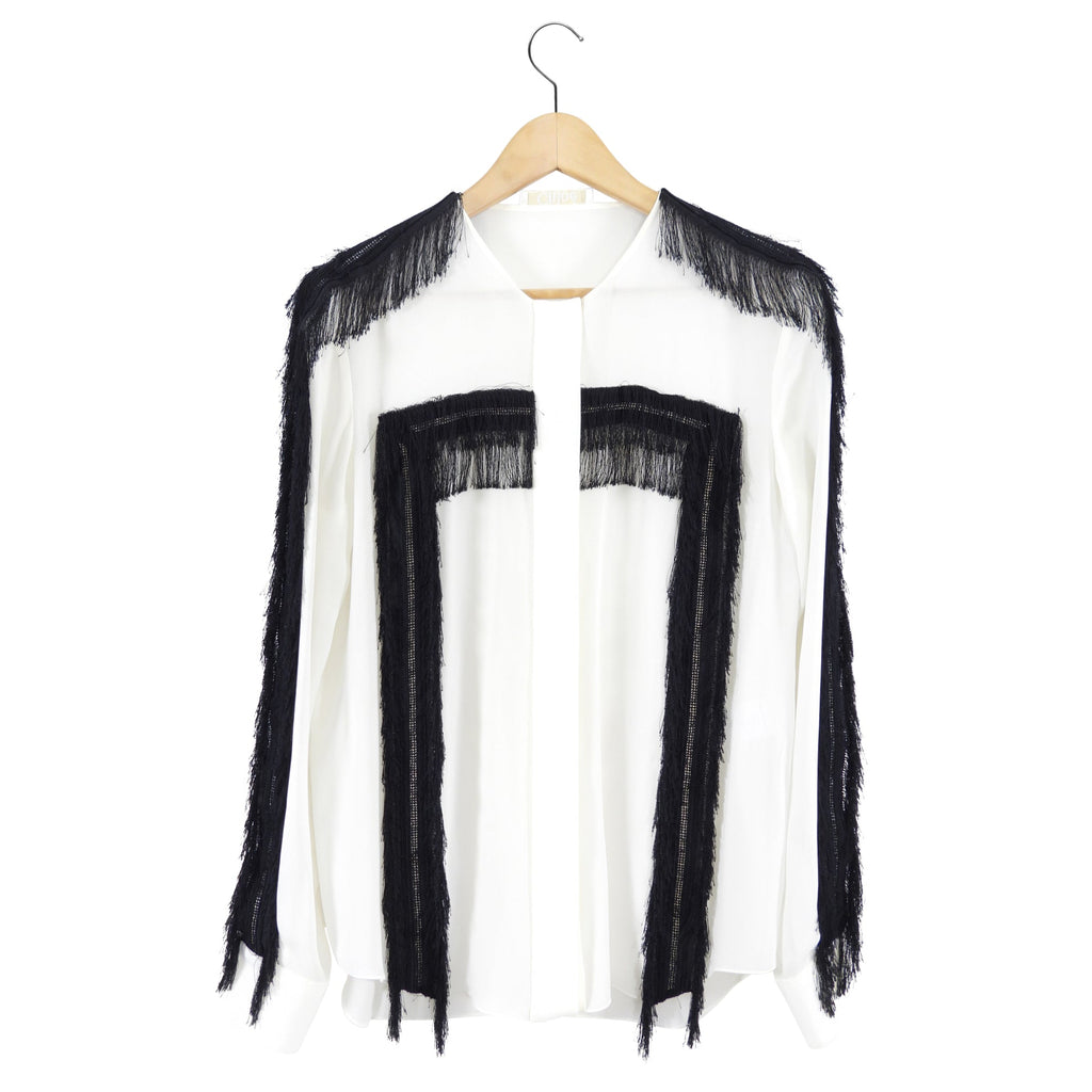 Chloe Ivory Long Sleeve Blouse with Black Fringe Detail - FR38 / USA 6
