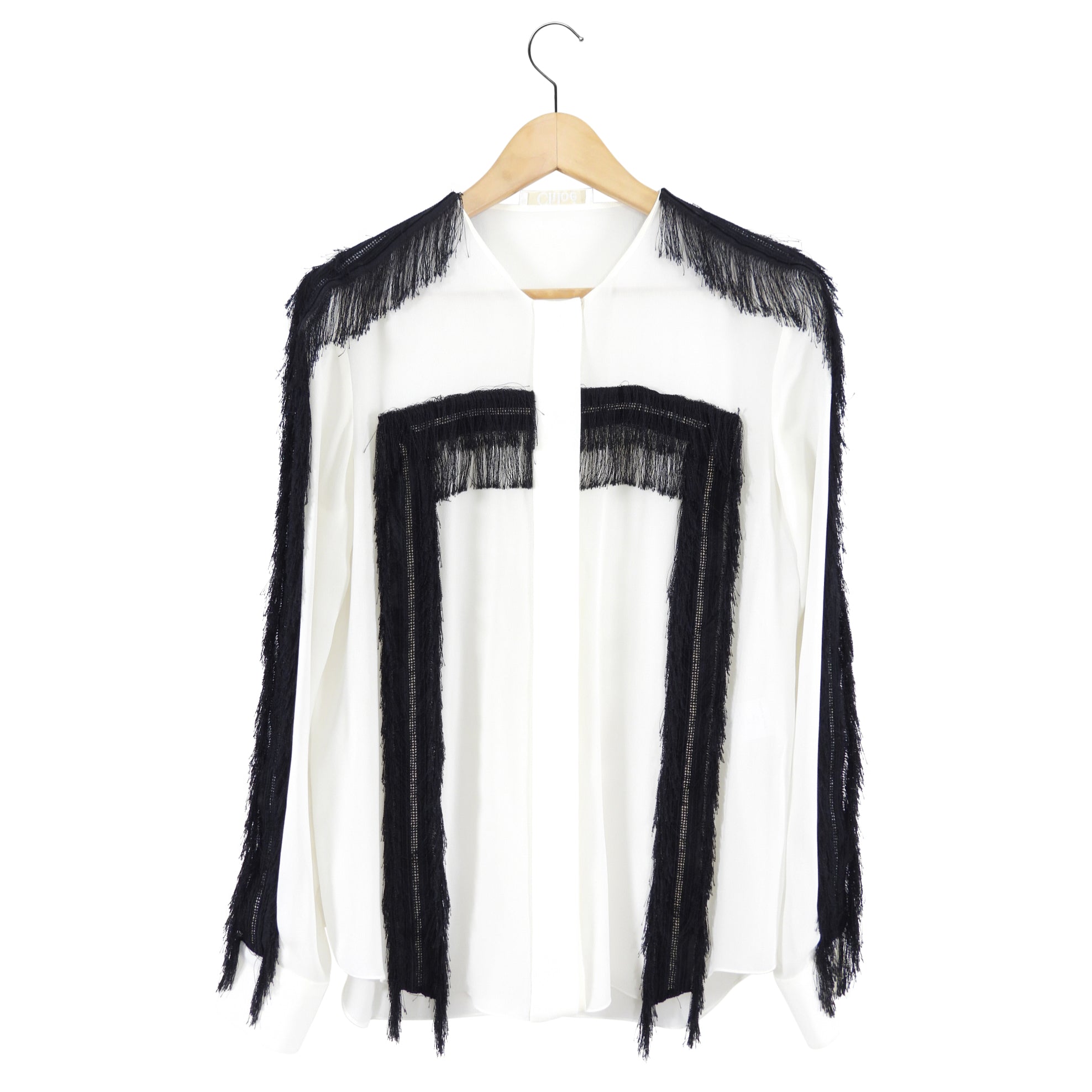 Chloe Ivory Long Sleeve Blouse with Black Fringe Detail - FR38 / USA 6