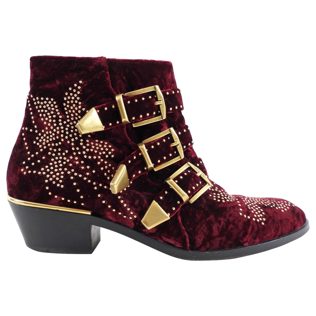 Chloe Susanna Burgundy Velvet Stud Ankle Boots - 38