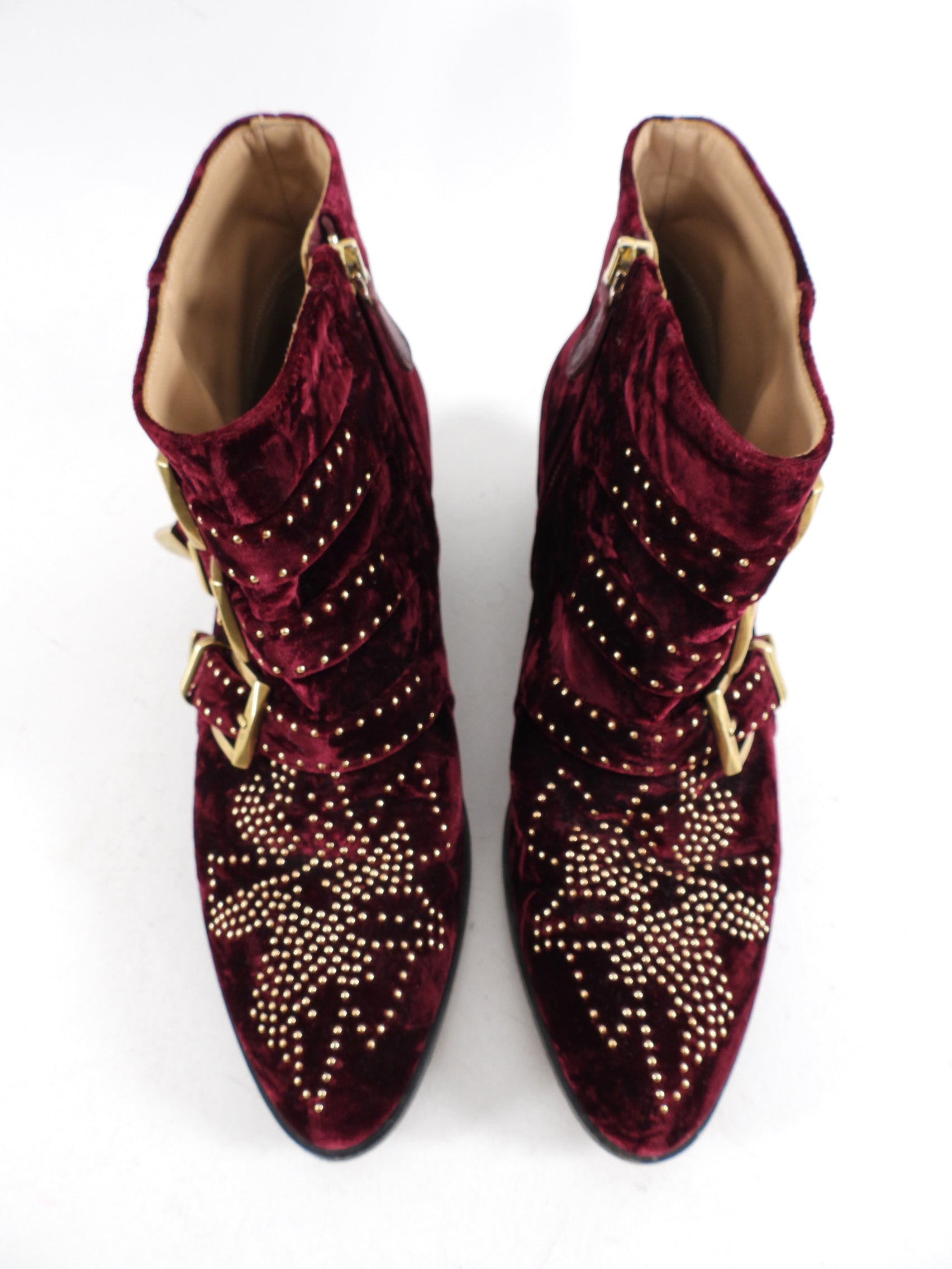 Chloe Susanna Burgundy Velvet Stud Ankle Boots - 38