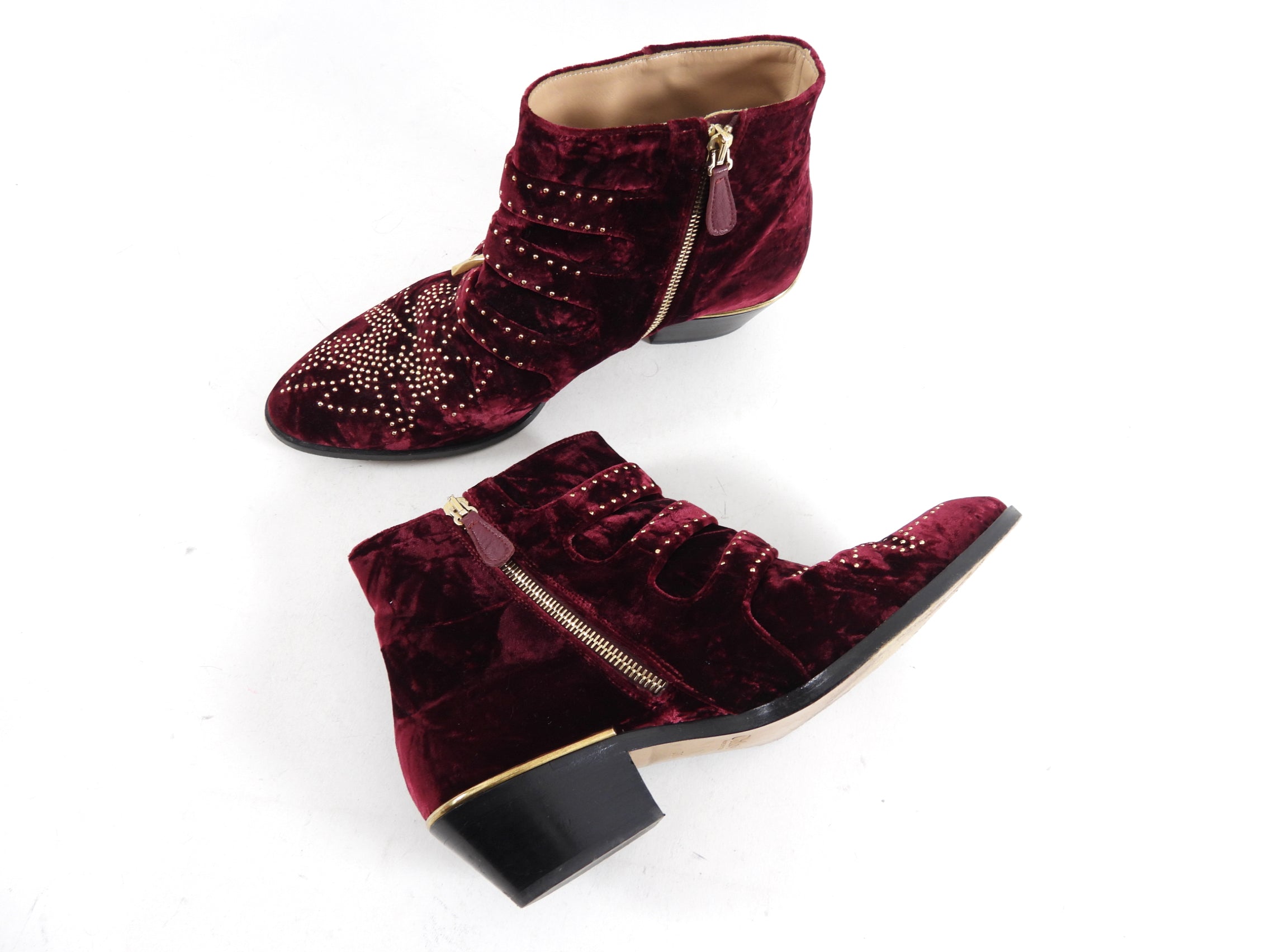 Chloe Susanna Burgundy Velvet Stud Ankle Boots - 38