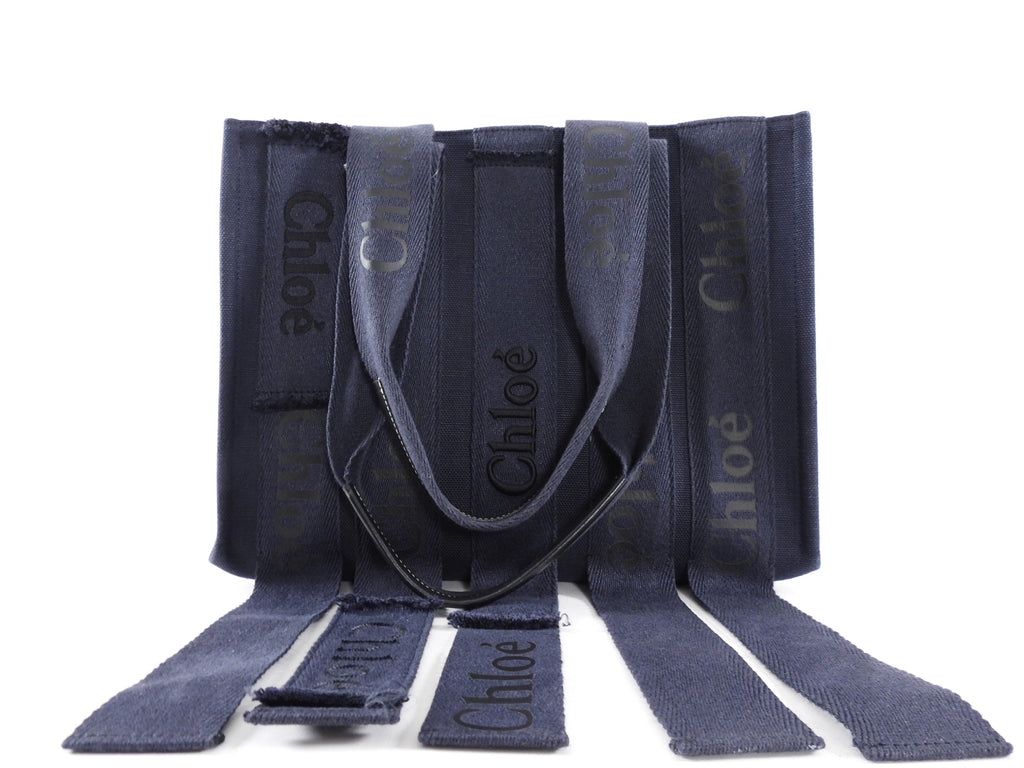 Chloe Navy Woody Medium Fringe Tote Bag