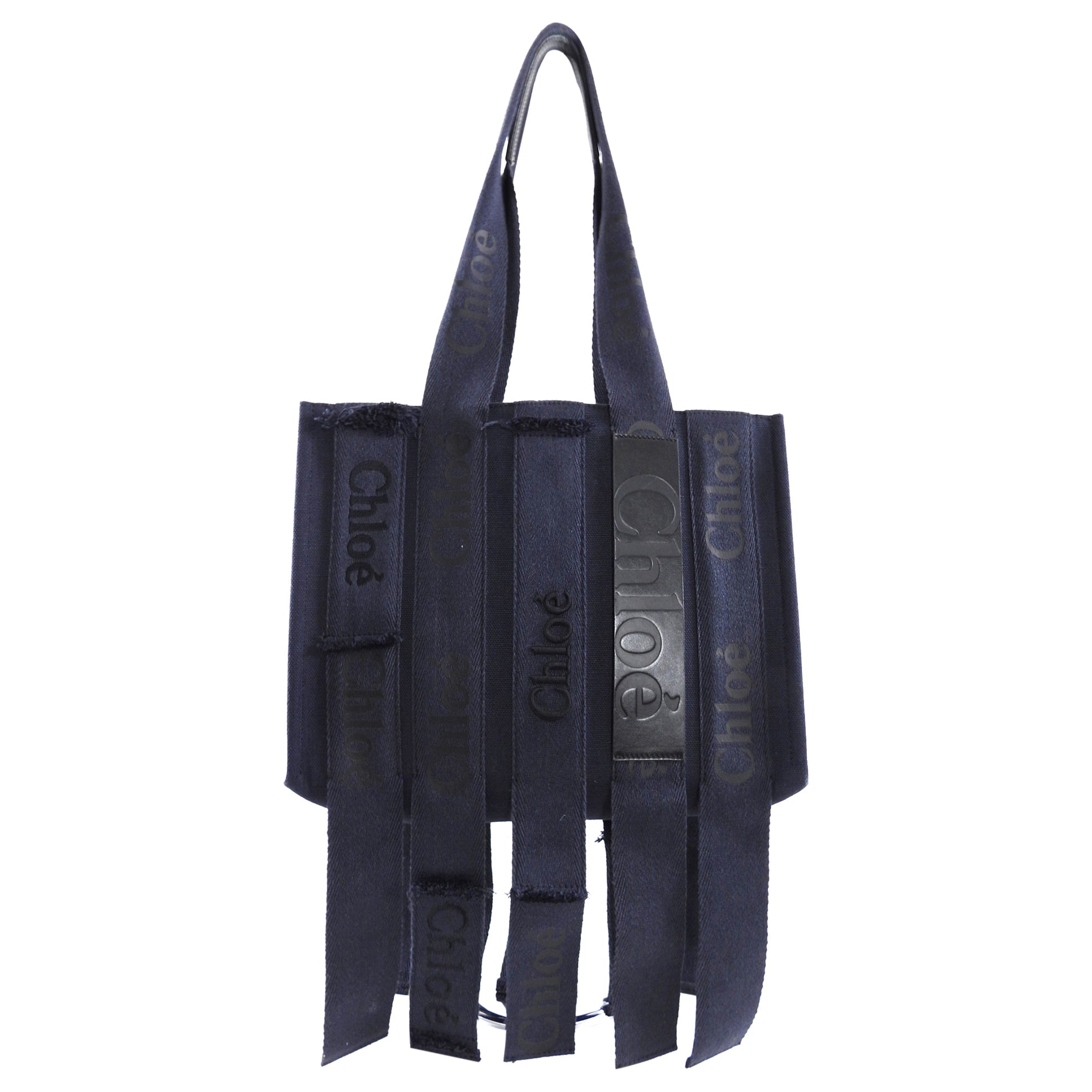 Chloe Navy Woody Medium Fringe Tote Bag