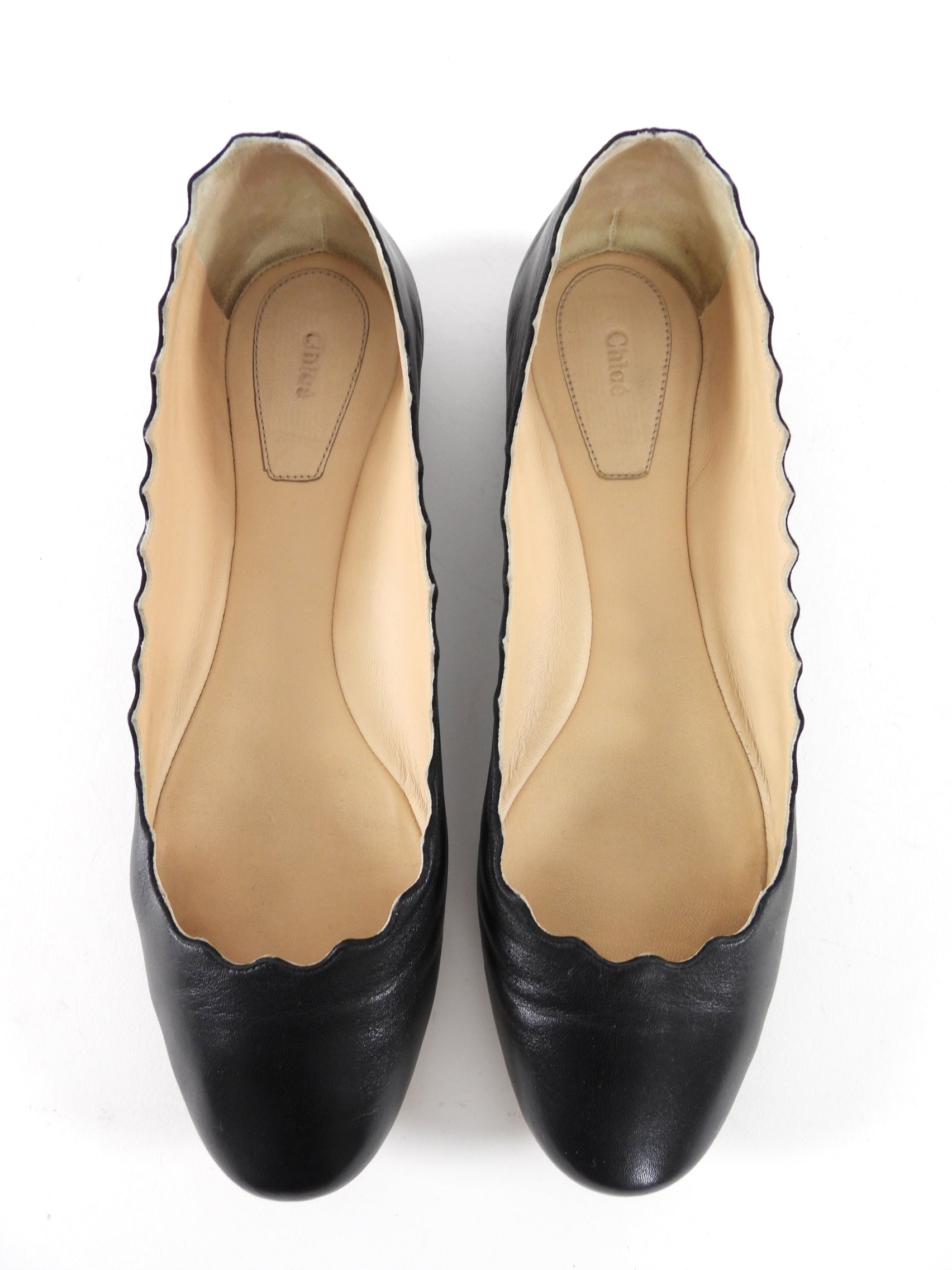 Chloe Black Leather Scalloped Lauren Flat Shoes - 38.5