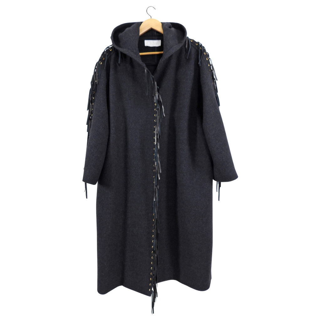 Chloe Charcoal Grey Wool Belted Coat with Leather Fringe - FR38 / S/M