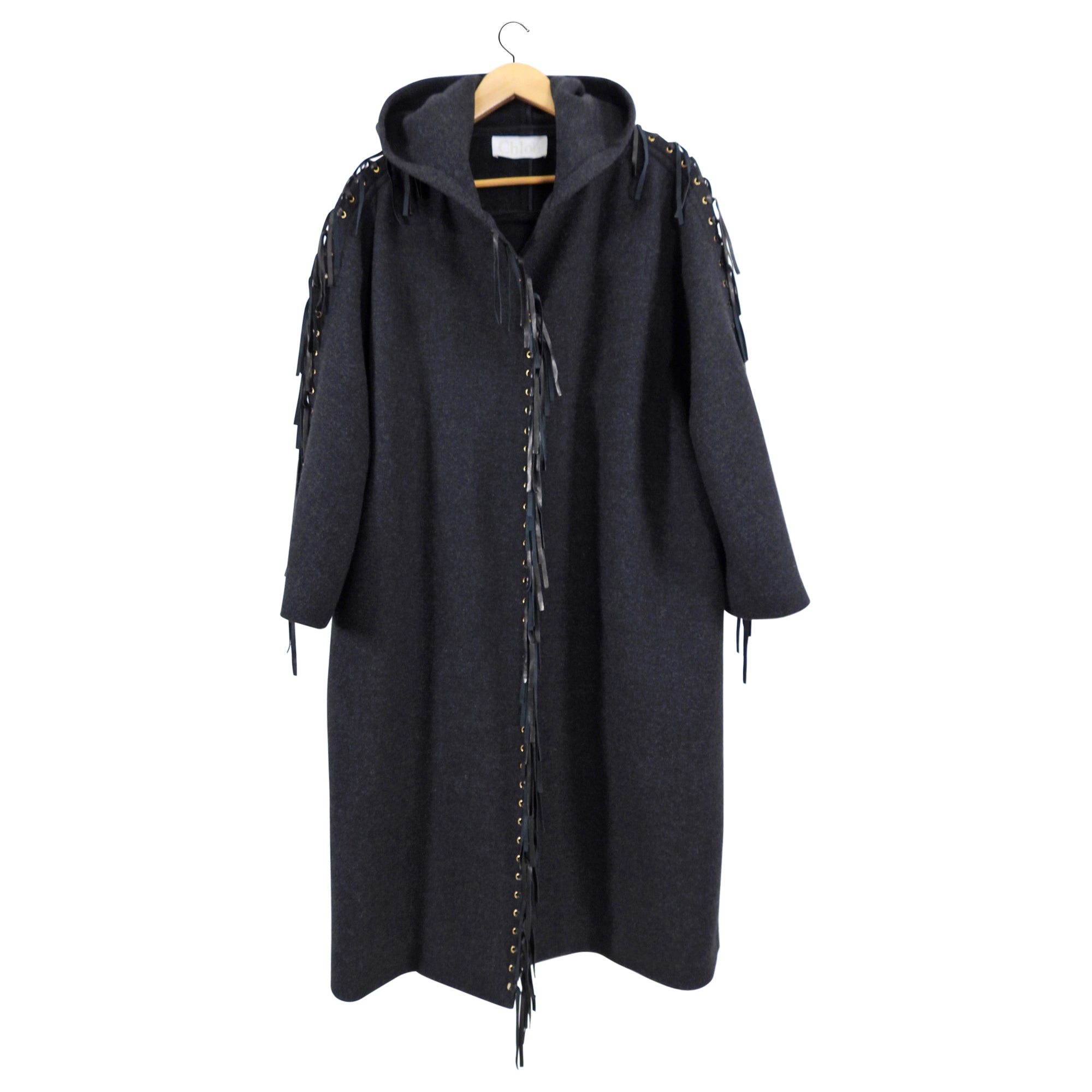 Chloe Charcoal Grey Wool Belted Coat with Leather Fringe - FR38 / S/M