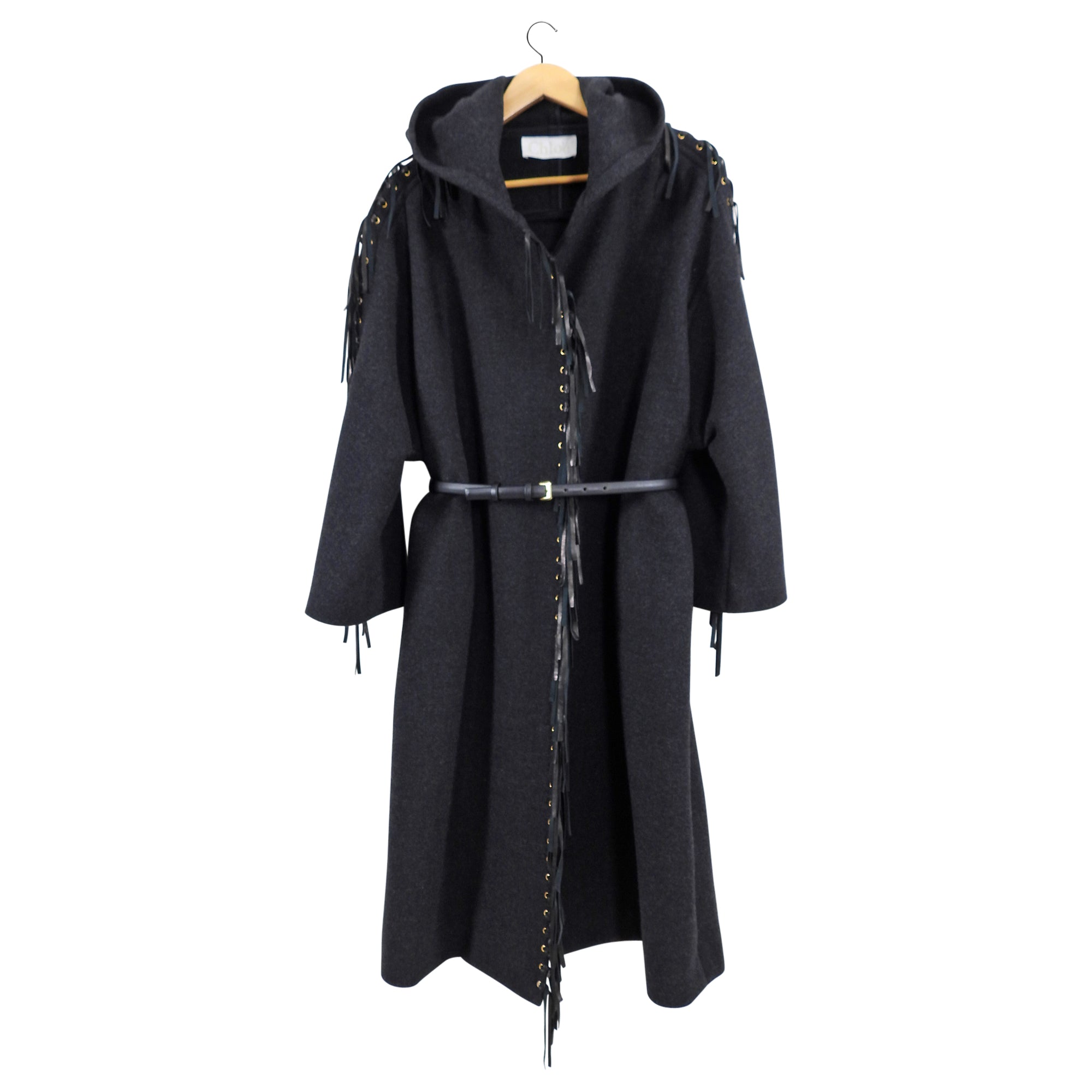 Chloe Charcoal Grey Wool Belted Coat with Leather Fringe - FR38 / S/M