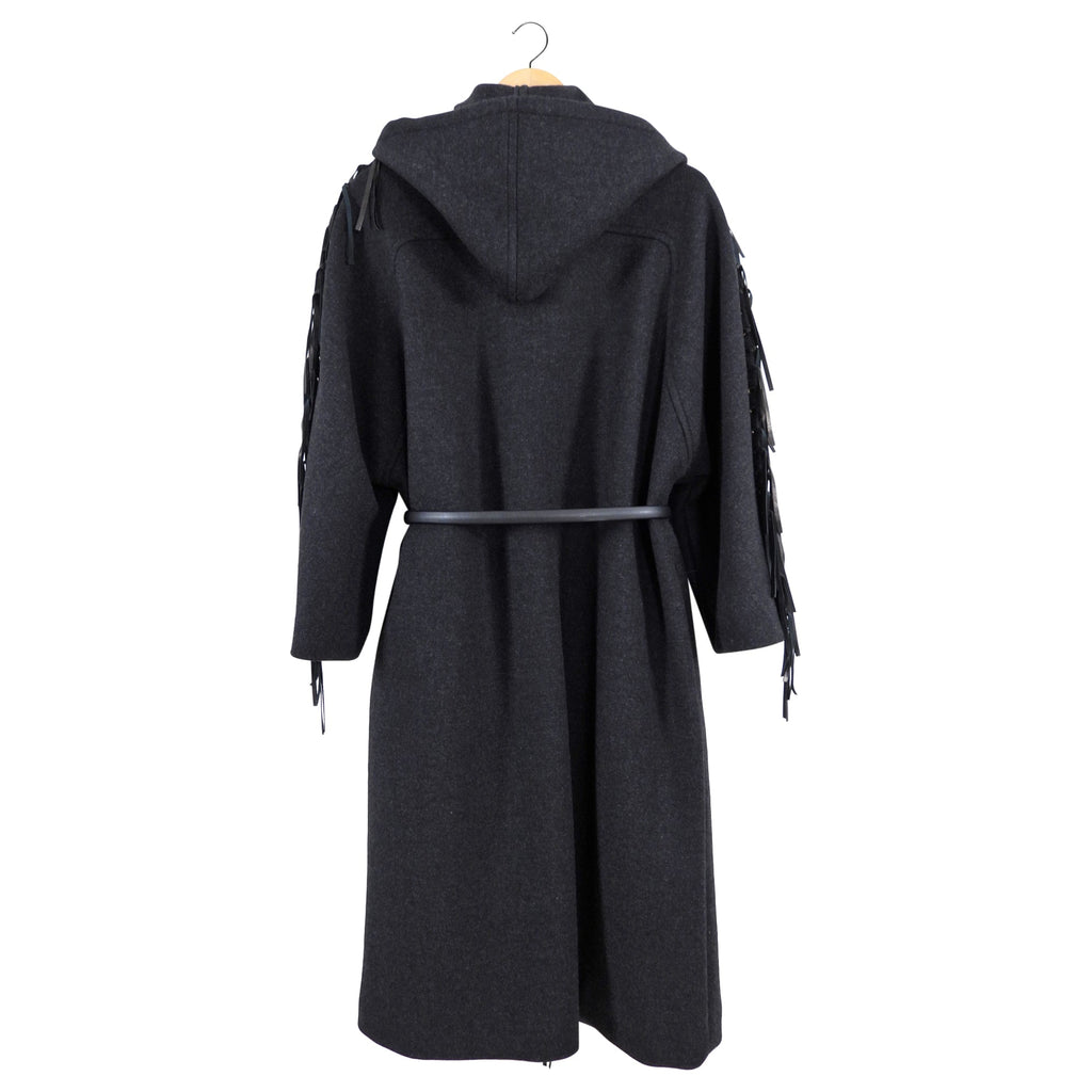 Chloe Charcoal Grey Wool Belted Coat with Leather Fringe - FR38 / S/M