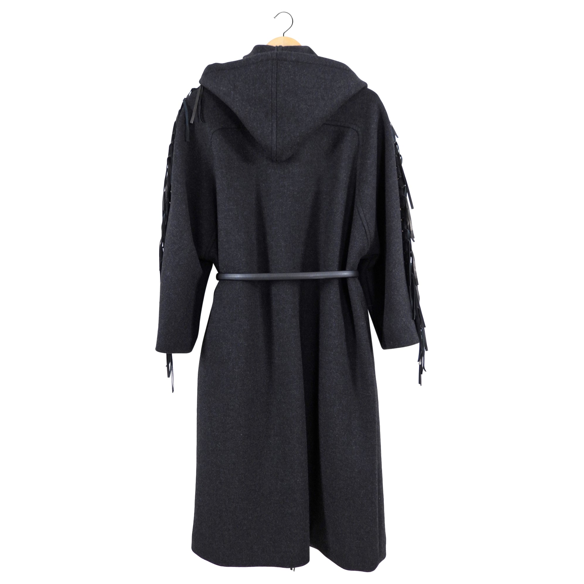 Chloe Charcoal Grey Wool Belted Coat with Leather Fringe - FR38 / S/M