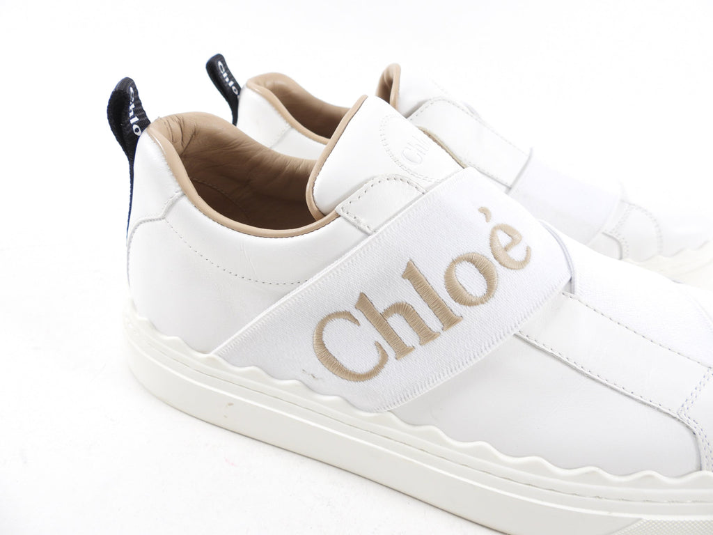 Chloe White Leather Lauren Logo Strap Sneakers - 40 / 9