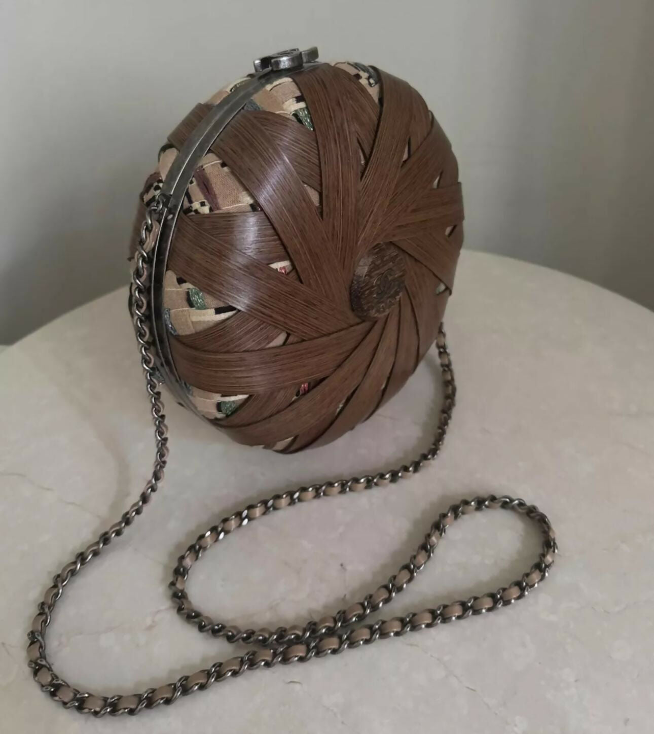 Chanel “Havana By Night” Round Woven Wood and Tweed Minaudière