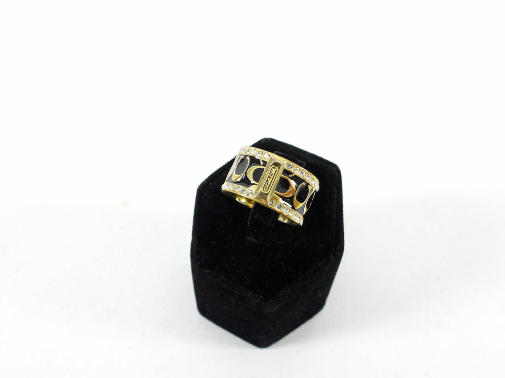 Coach Black Pave Signature Enamel Ring with Rhinestones - 7