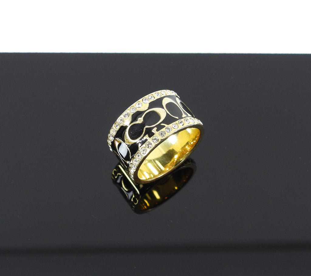 Coach Black Pave Signature Enamel Ring with Rhinestones - 7