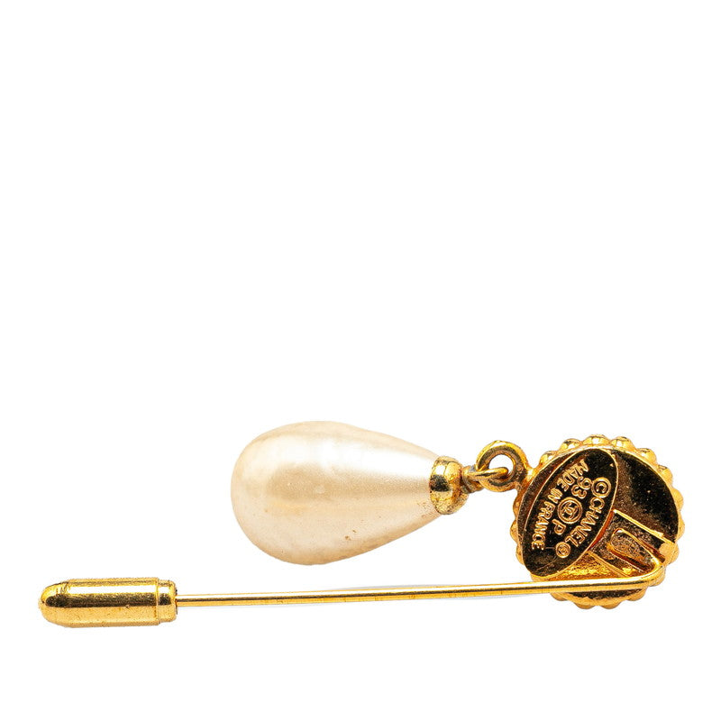 Chanel Gold Plated Clover Motif Faux Pearl Brooch 93P