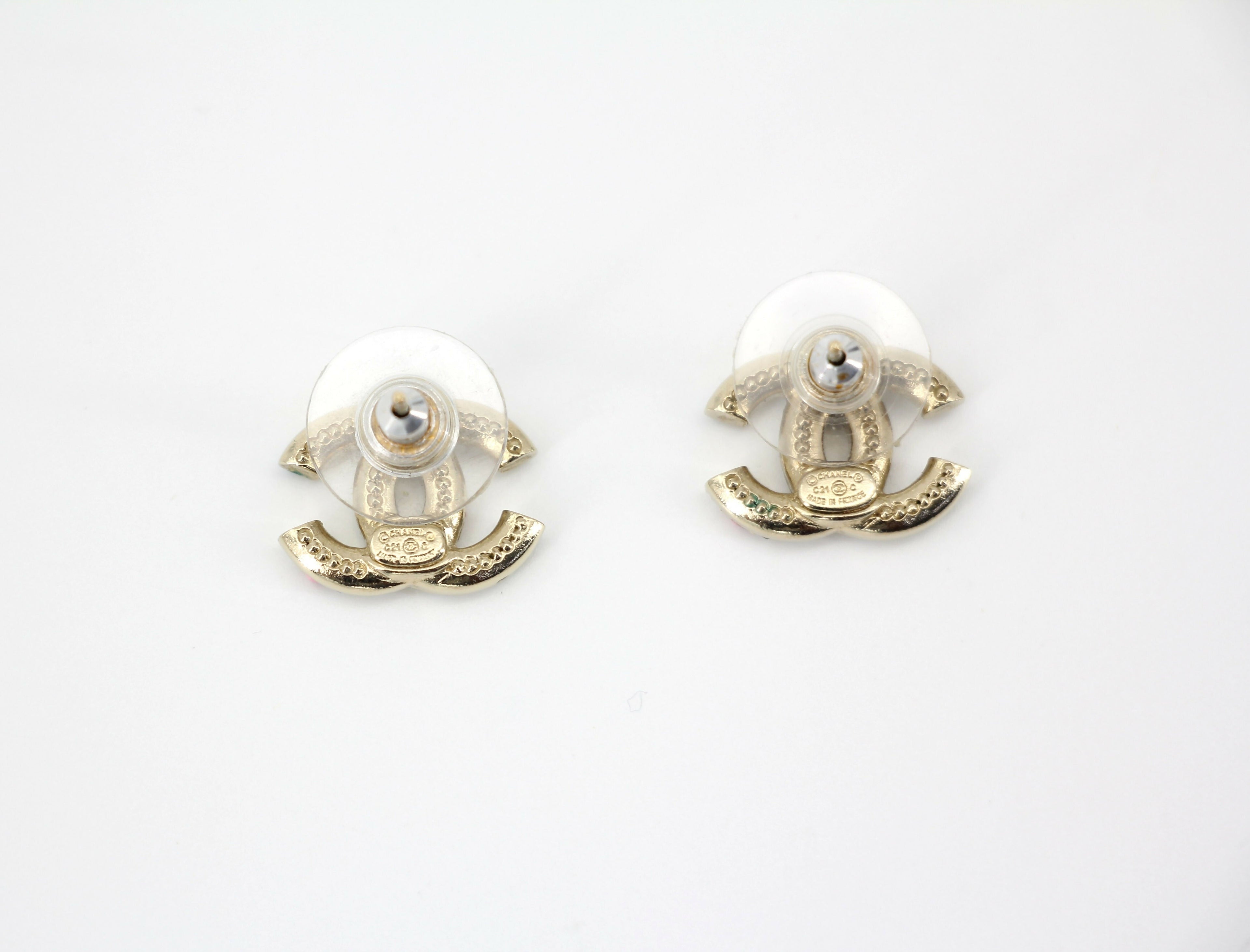 Chanel C21C Rhinestone Metal Multi-color Pebble Stud Earrings