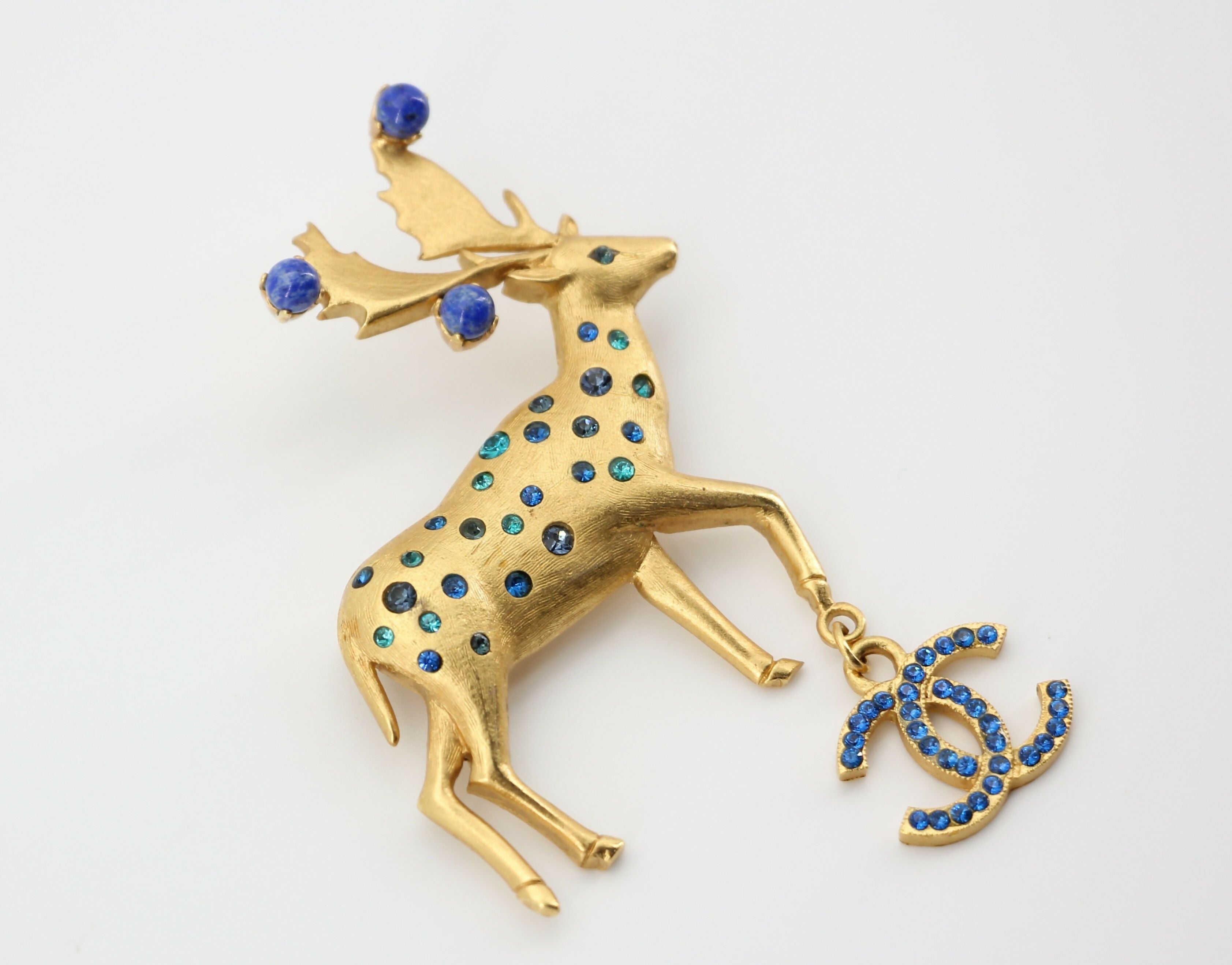 Chanel Vintage 01A Rhinestone Blue Golden Green Reindeer Brooch