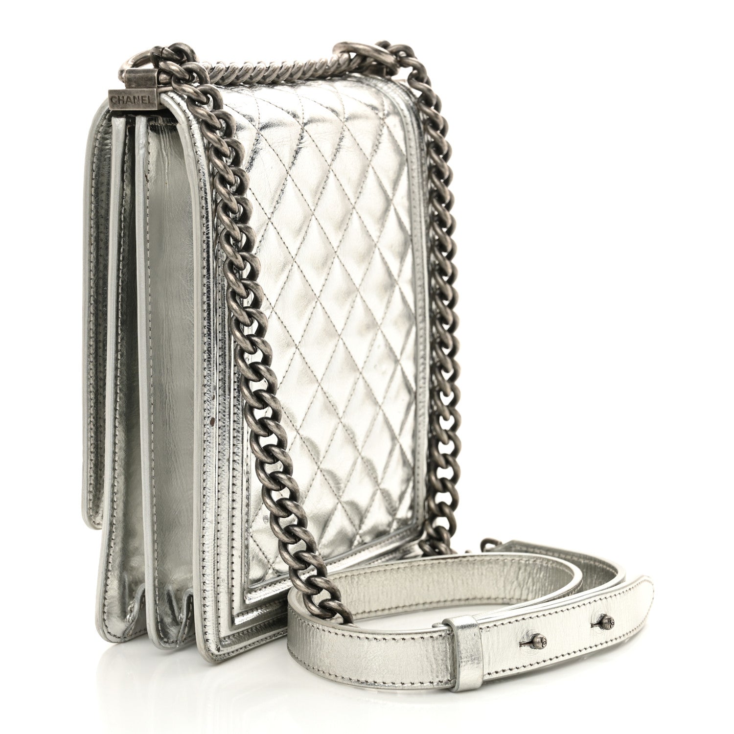 Metallic Goatskin Quilted North South Boy Flap Silver