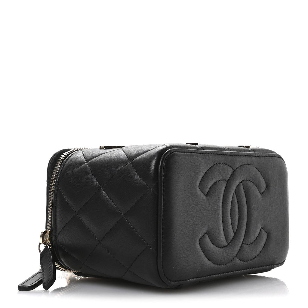 Lambskin Enamel Quilted Roller Skate Small Vanity Case With Chain Black
