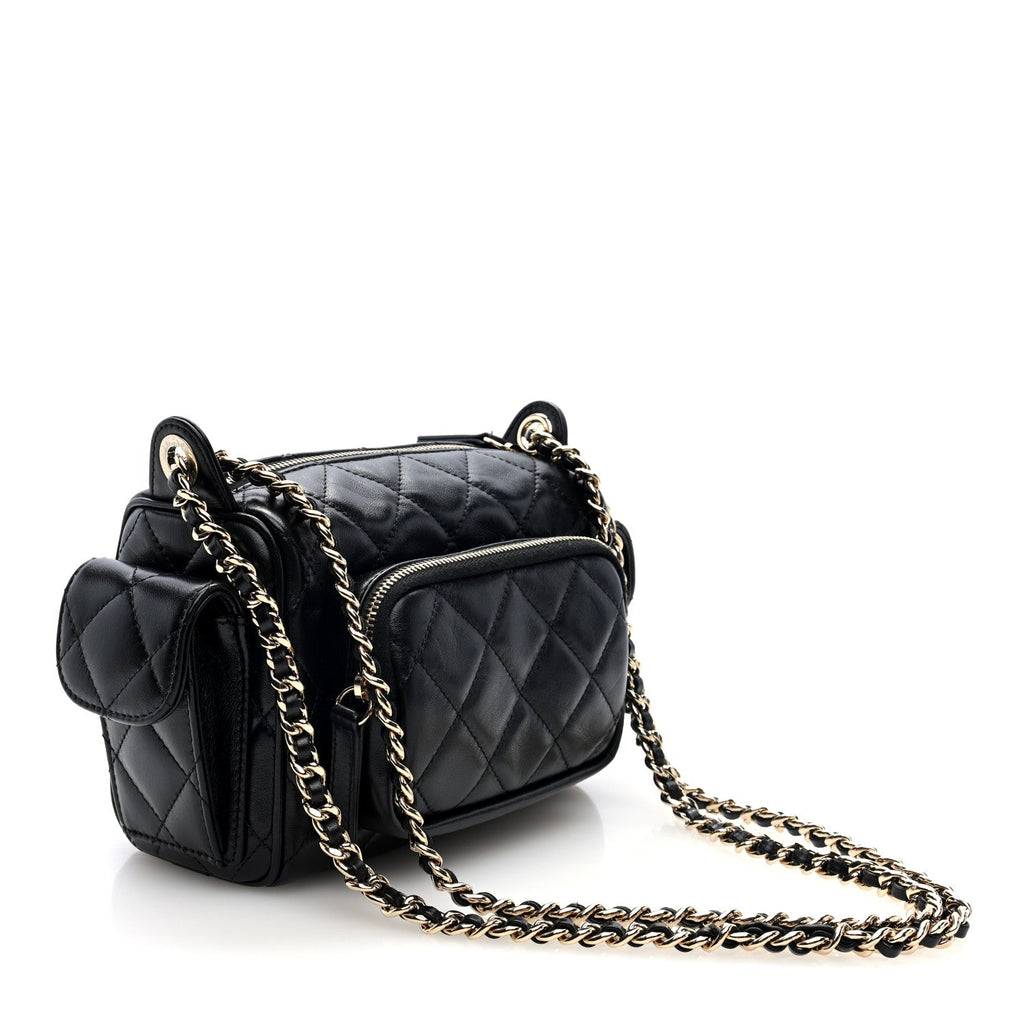 Shiny Crumpled Lambskin Quilted Small Preppy Pocket Camera Case Black