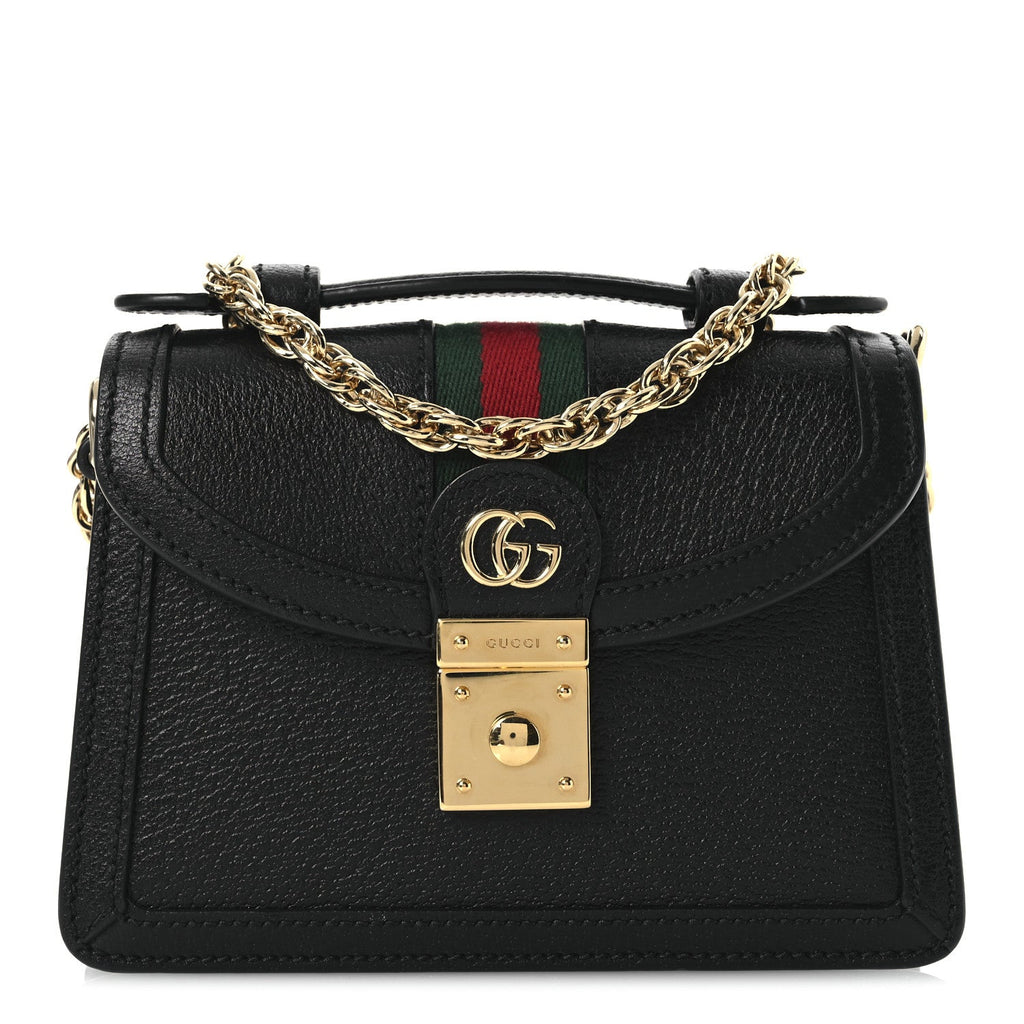 Textured Dollar Calfskin Web Mini Ophidia Padlock Top Handle Chain Shoulder Bag Black
