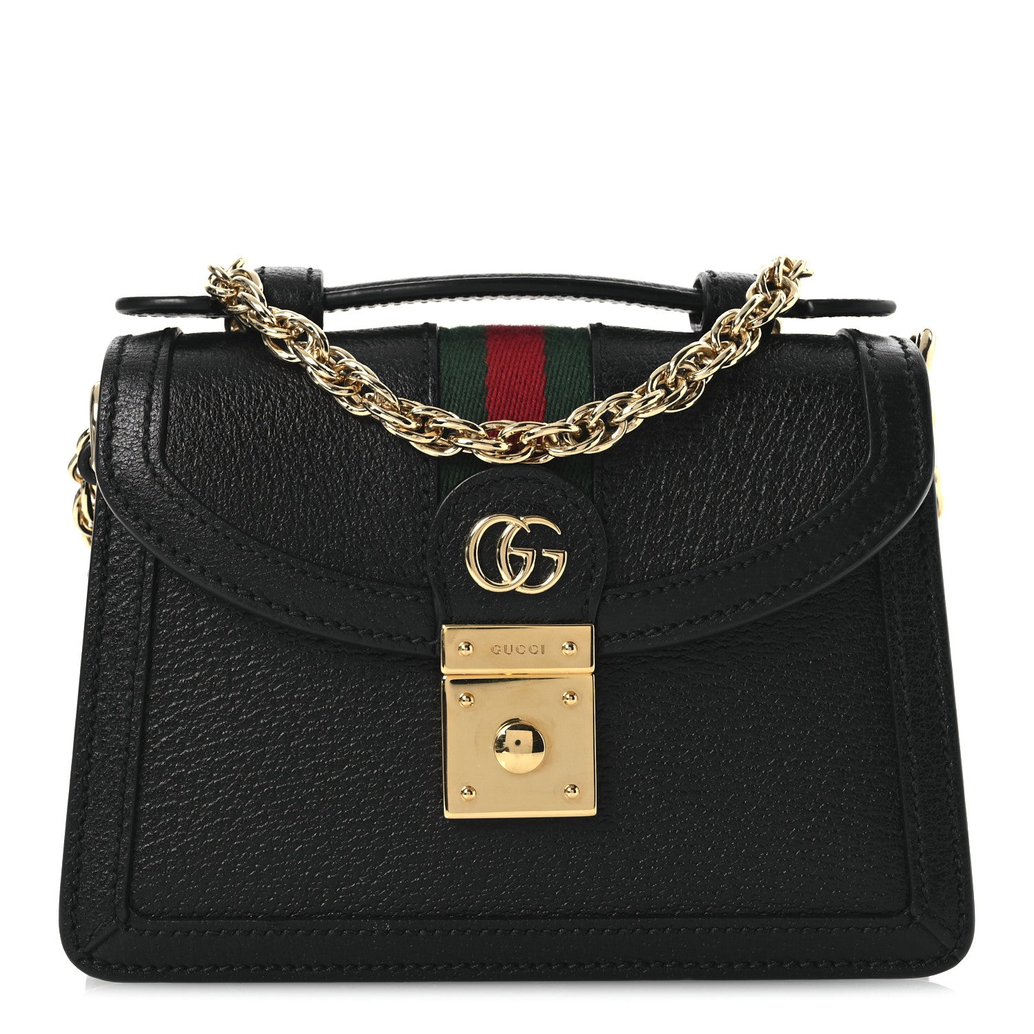 Textured Dollar Calfskin Web Mini Ophidia Padlock Top Handle Chain Shoulder Bag Black