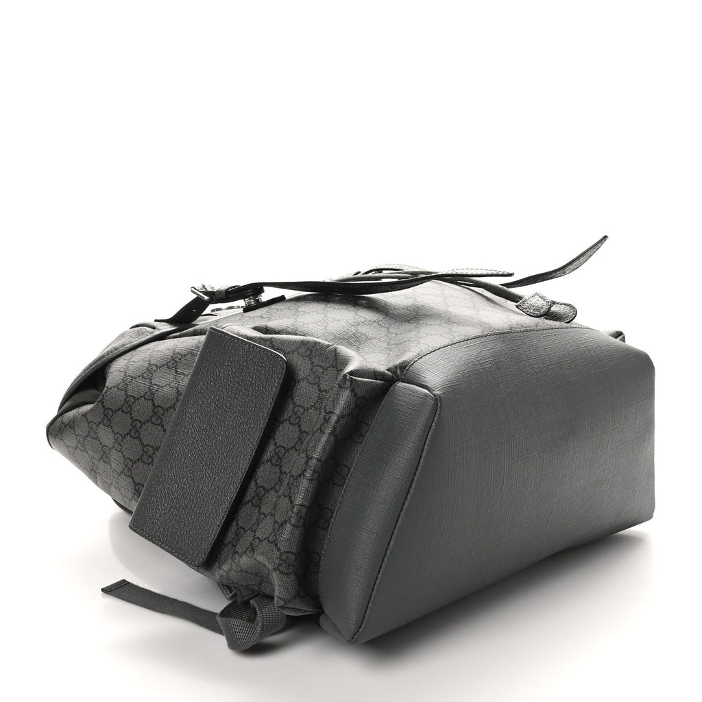 GG Supreme Monogram Textured Dollar Calfskin Medium Ophidia Double Buckle Backpack Grey Black Graphite Grey