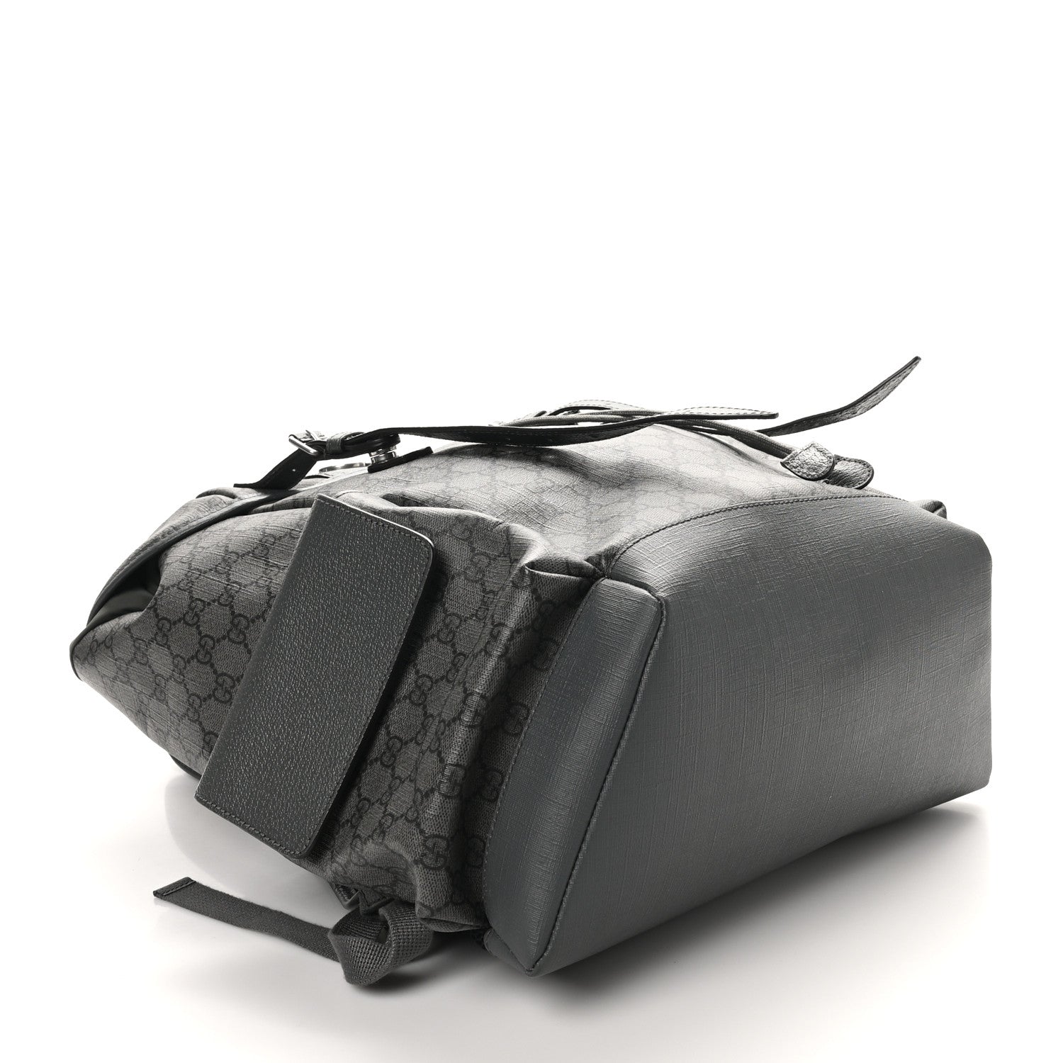 GG Supreme Monogram Textured Dollar Calfskin Medium Ophidia Double Buckle Backpack Grey Black Graphite Grey