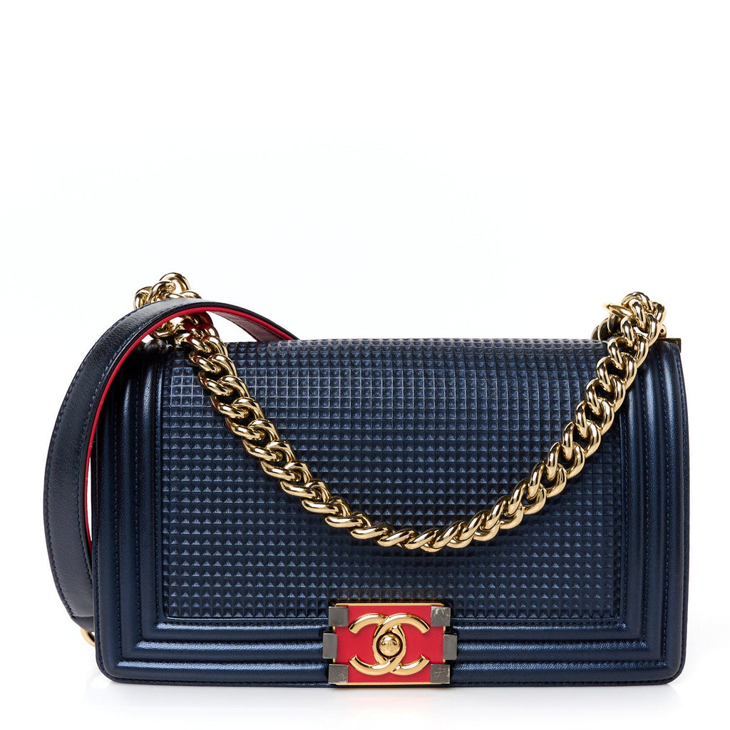 Lambskin Embossed Medium Boy Cube Flap Navy