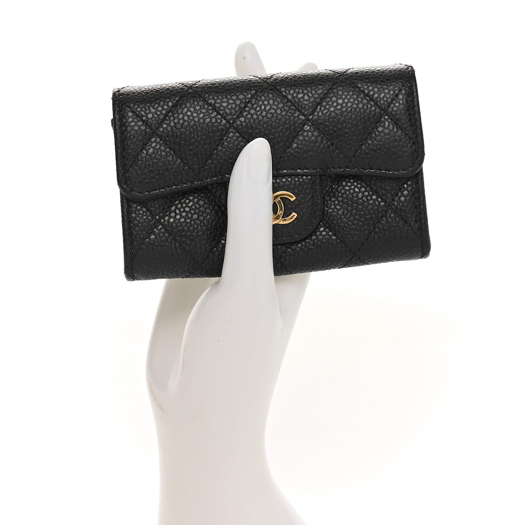 Caviar Quilted Flap  Holder Wallet Black