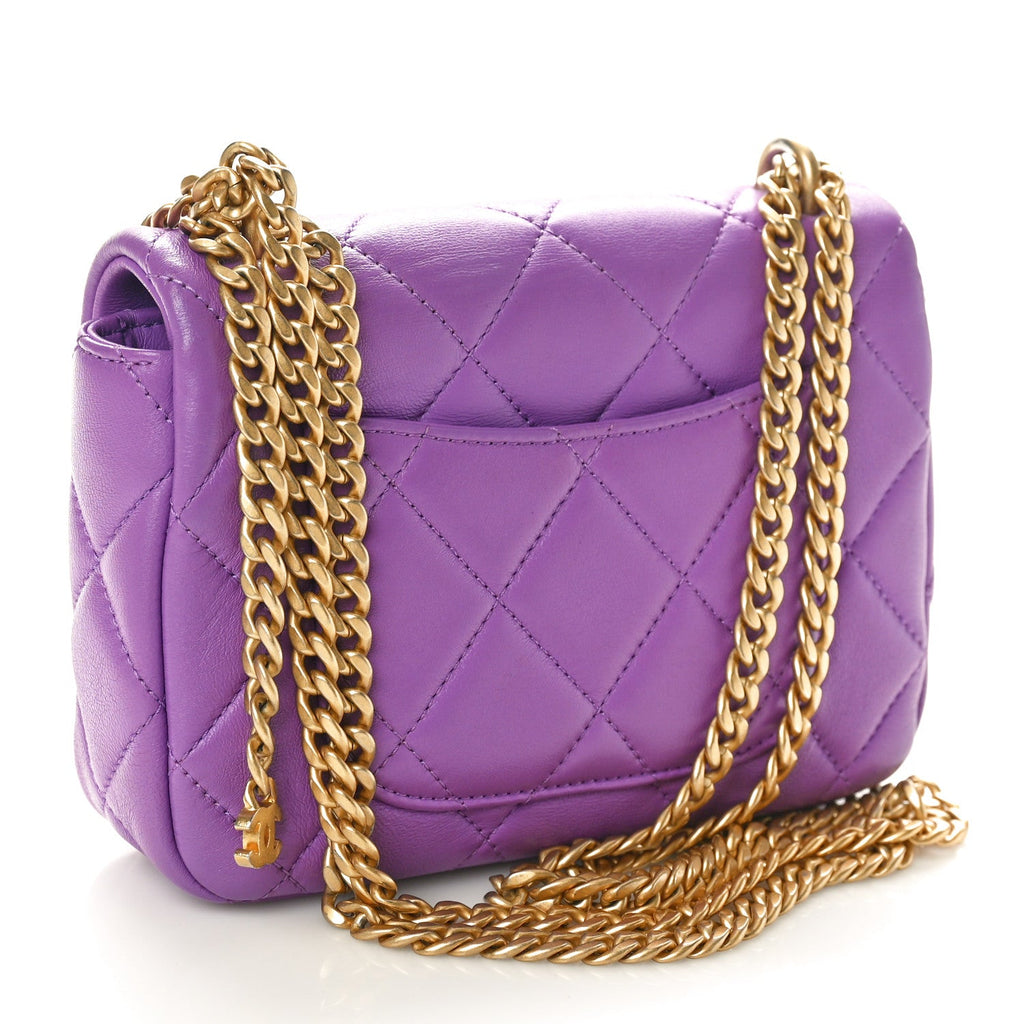 Lambskin Enamel Quilted Mini Pending CC Square Flap Purple