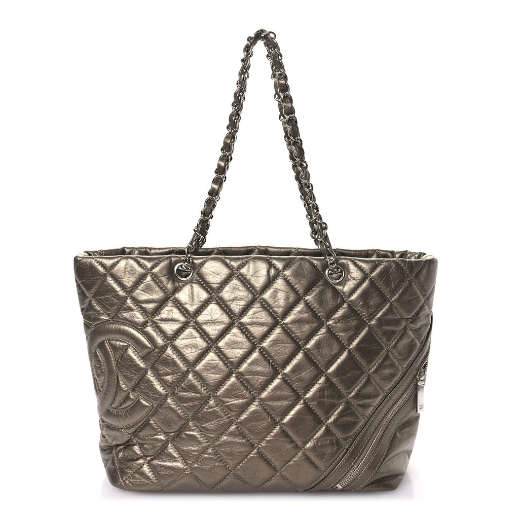Metallic Aged Calfskin Quilted Large Cotton Club Tote Bronze