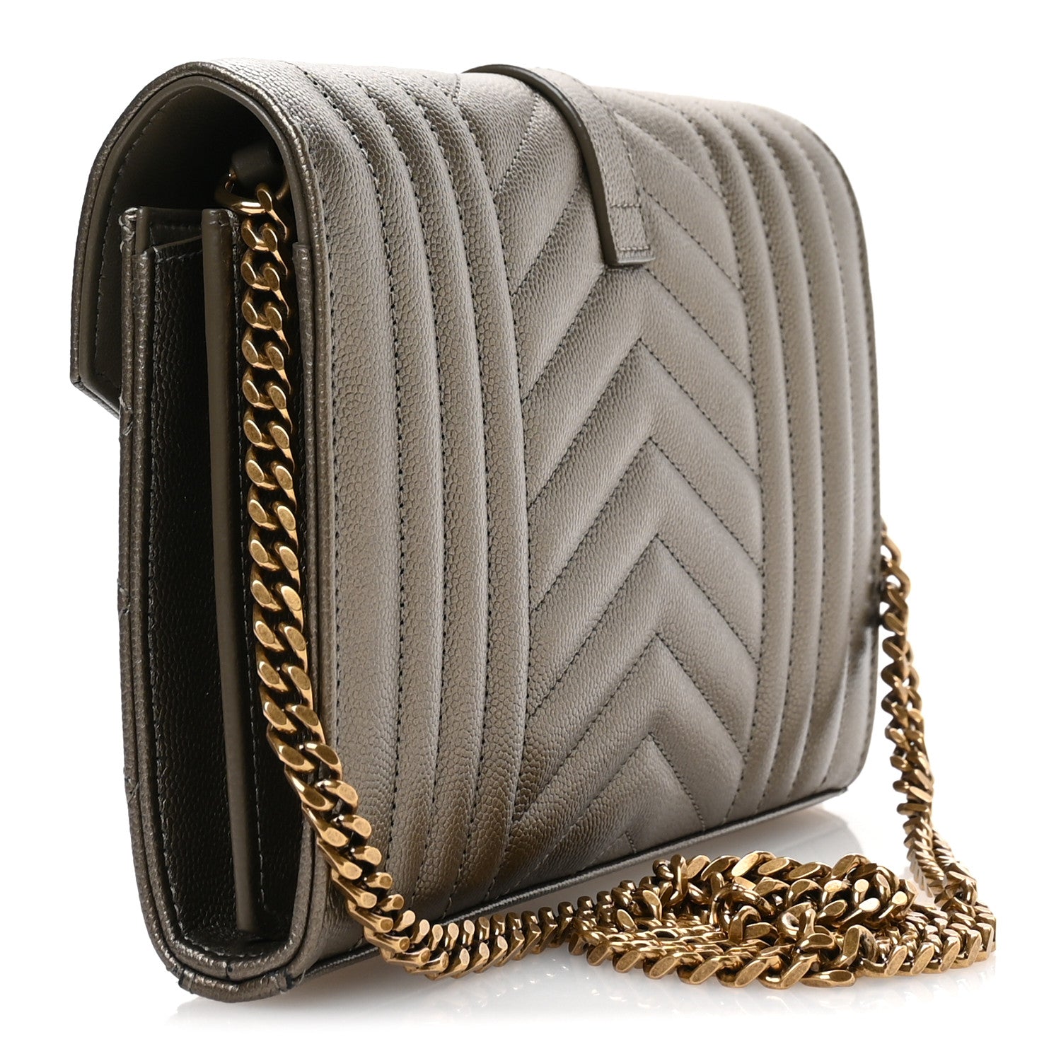 Metallic Grain De Poudre Mixed Matelasse Triquilt Monogram Chain Wallet Piombo
