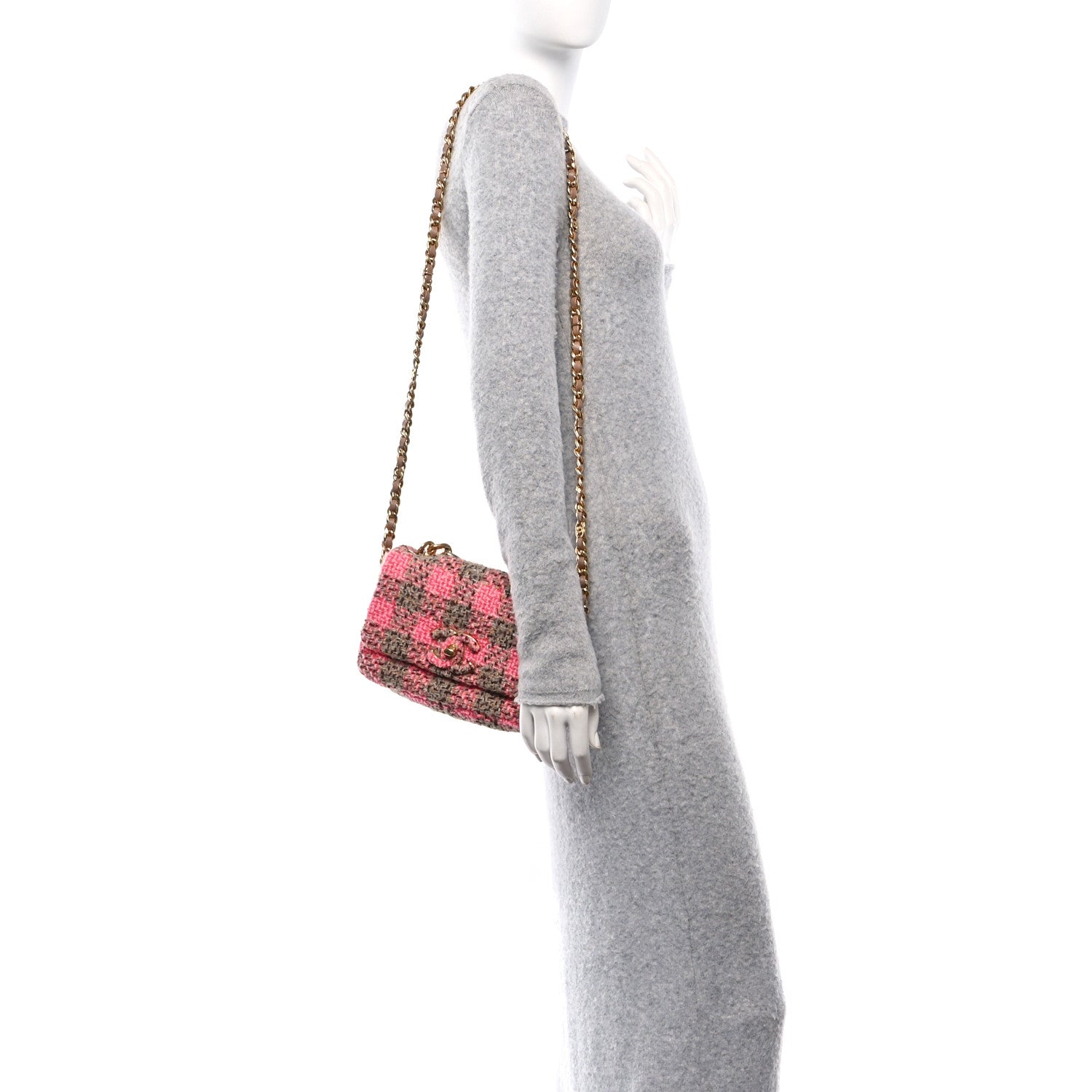 Wool Tweed Quilted Small Elegant Chain Flap Pink Brown