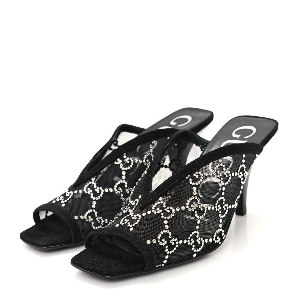 Tela Retino Kid Scamosciato Crystal GG Monogram Square G 95mm Slide Sandals 35 Black