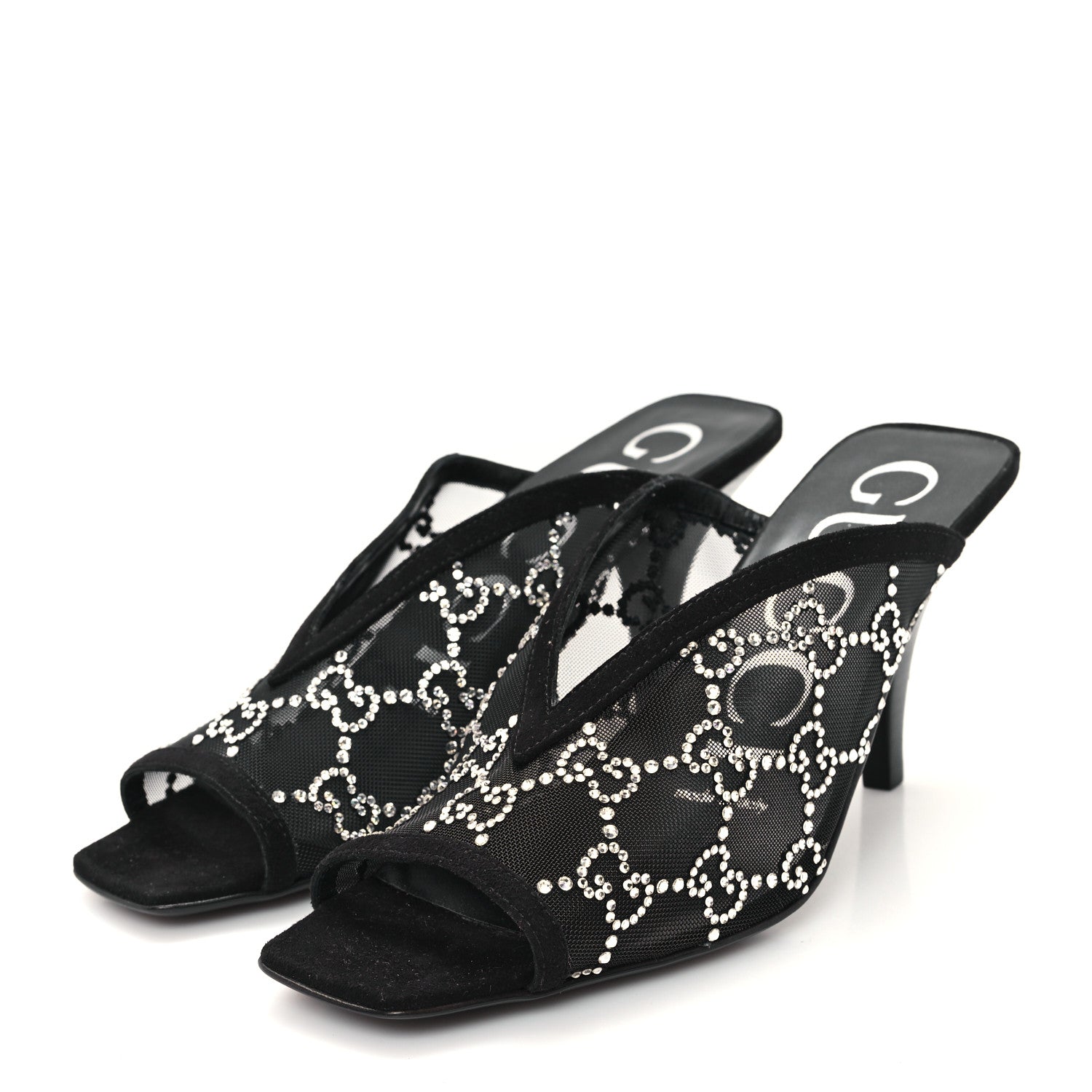 Tela Retino Kid Scamosciato Crystal GG Monogram Square G 95mm Slide Sandals 35 Black