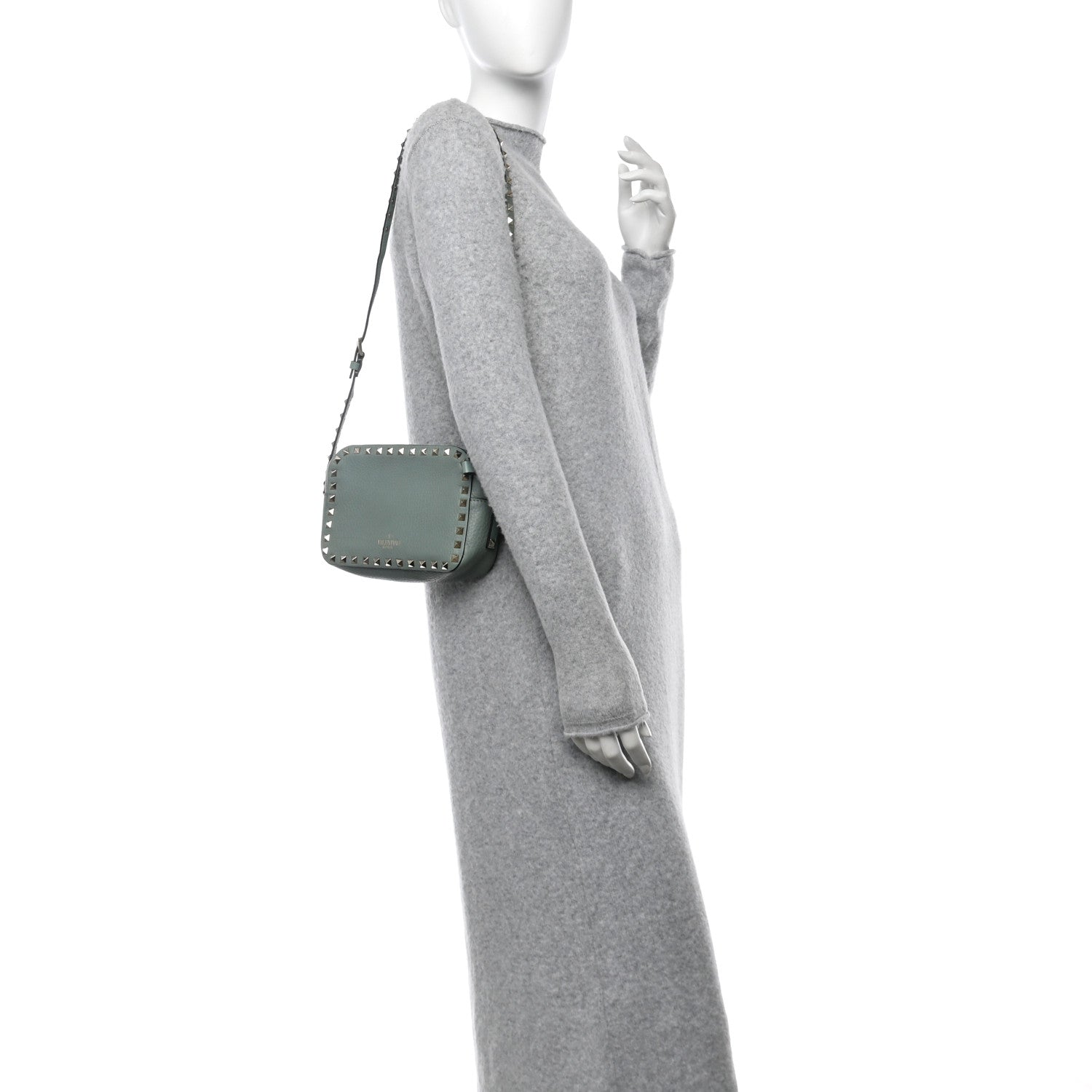 Pebbled Calfskin Rockstud Camera Crossbody Bag Green