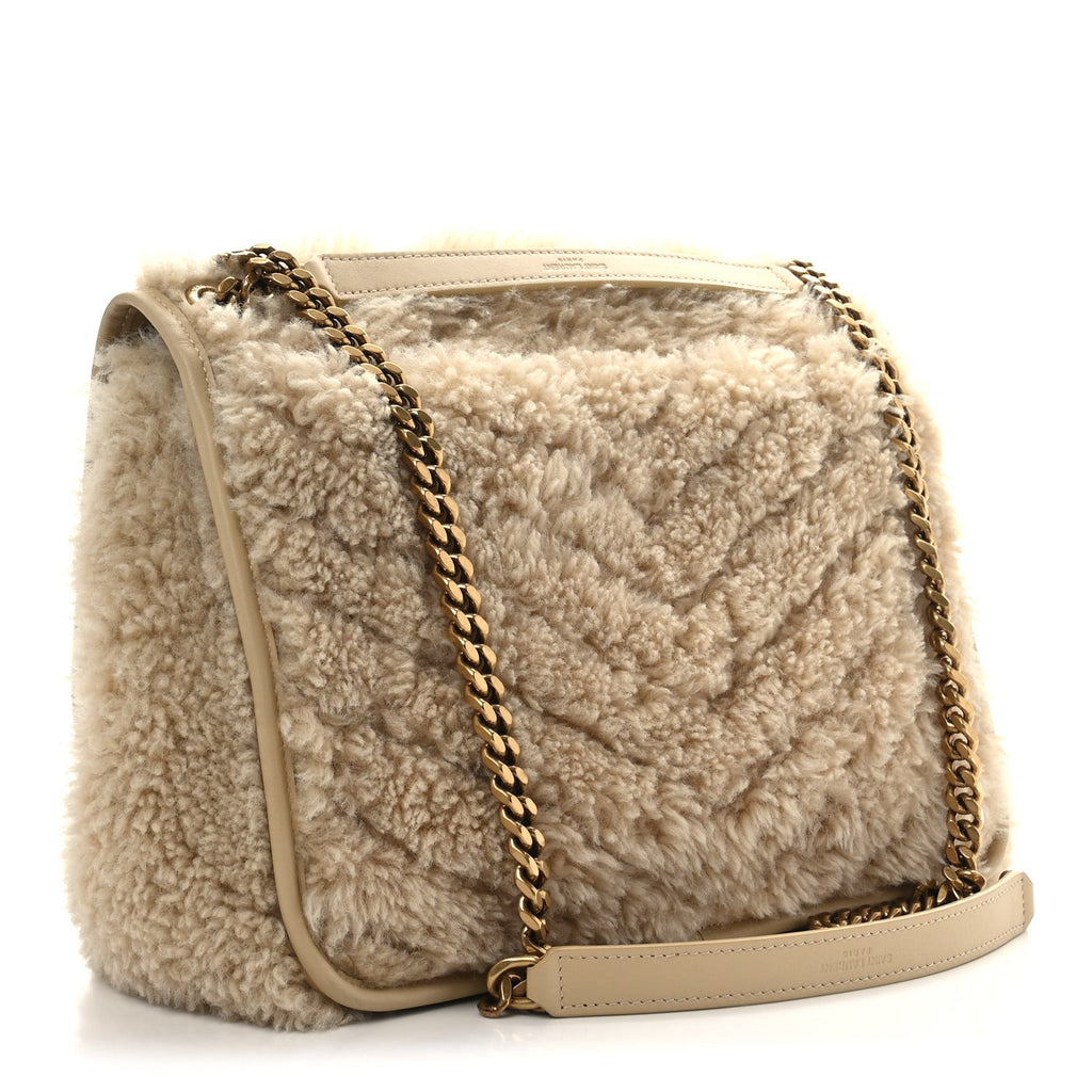 Calfskin Shearling Monogram Medium Niki Chain Satchel Natural Beige