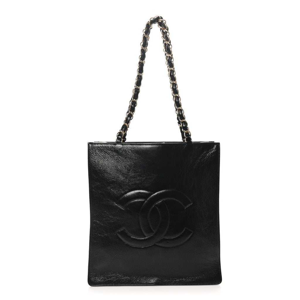 Shiny Aged Calfskin North South Shopping Bag Black