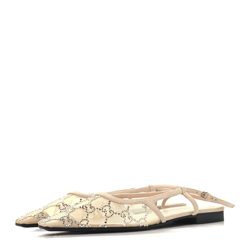Suede Mesh Crystal GG Monogram Slingback Ballet Flats 37 Light Powder Skin Rose