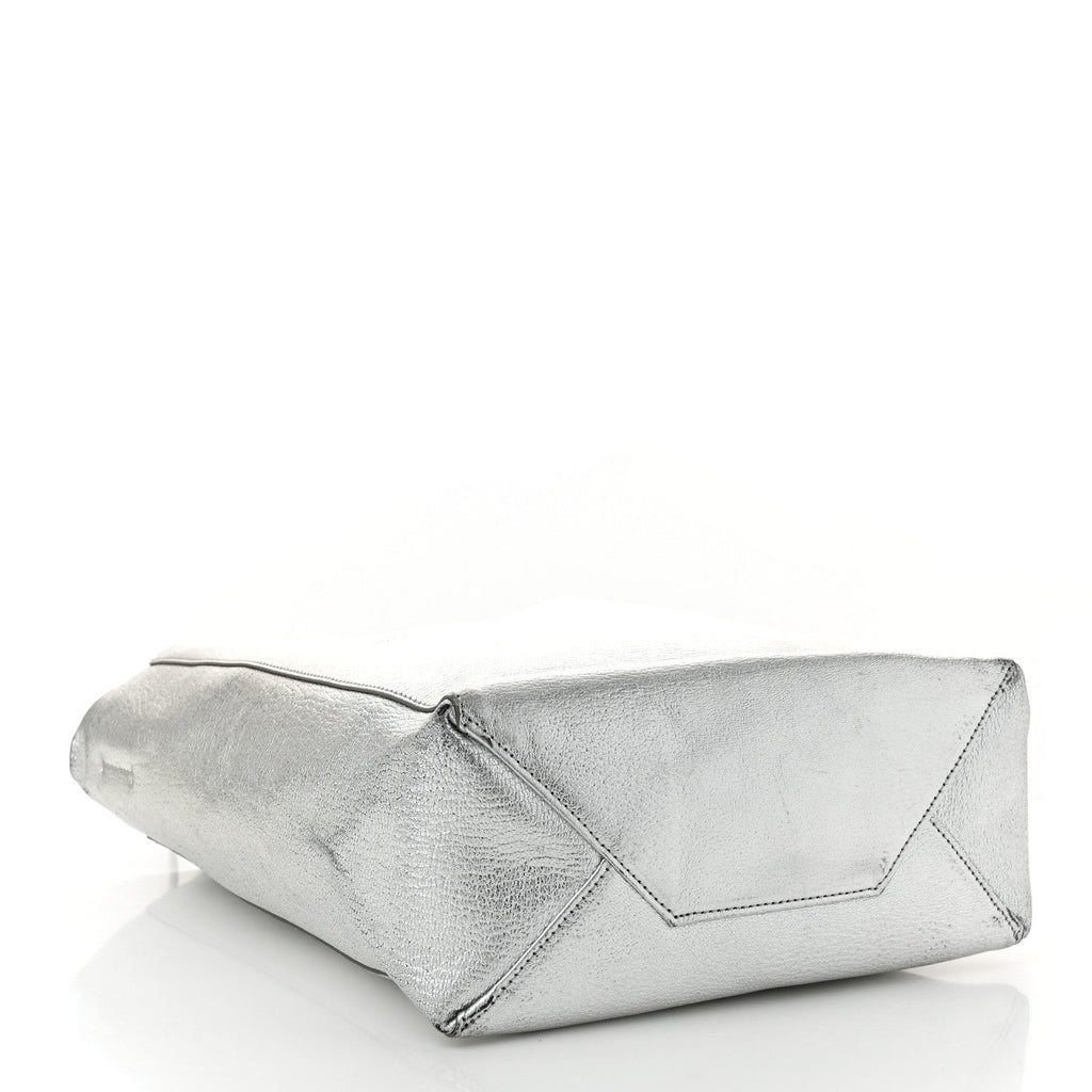 Metallic Grained Calfskin Small Vertical Cabas Silver