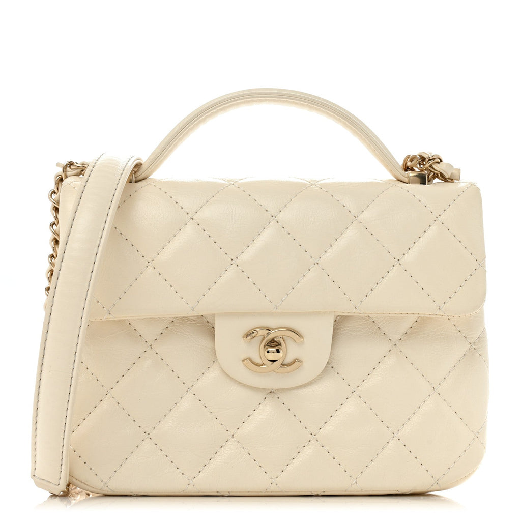 Shiny Crumpled Calfskin Quilted Top Handle Flap White