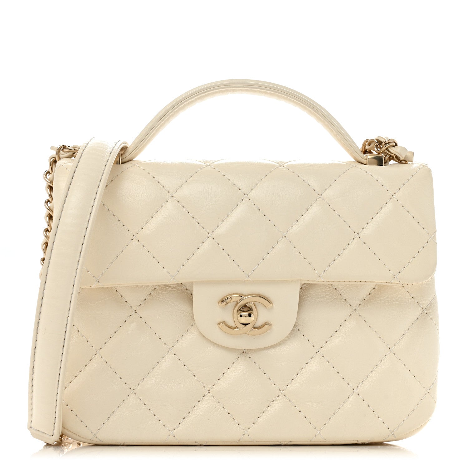 Shiny Crumpled Calfskin Quilted Top Handle Flap White
