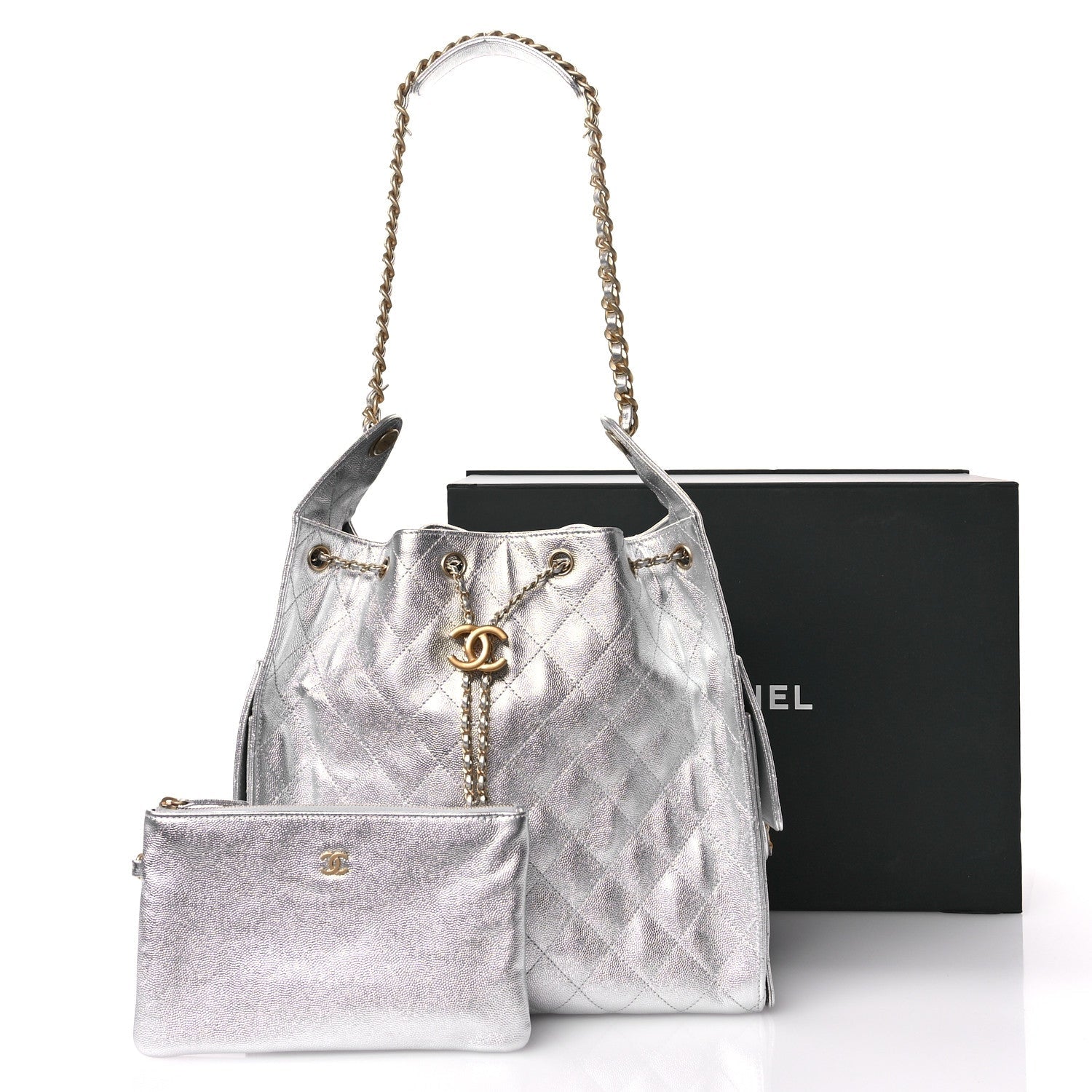 Metallic Caviar Quilted Medium Chanel 25 Handbag Silver