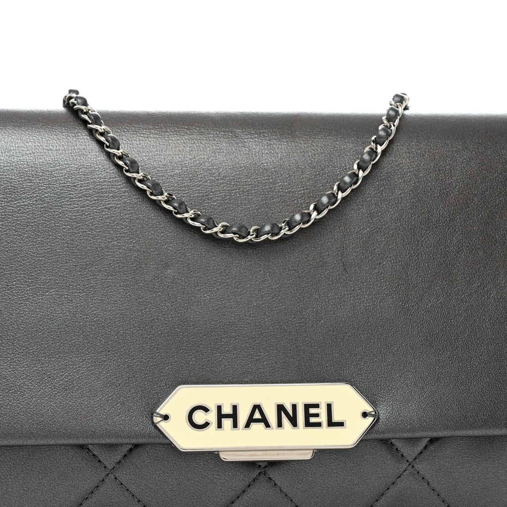 Metallic Lambskin Quilted Retro Label Clutch Charcoal Grey