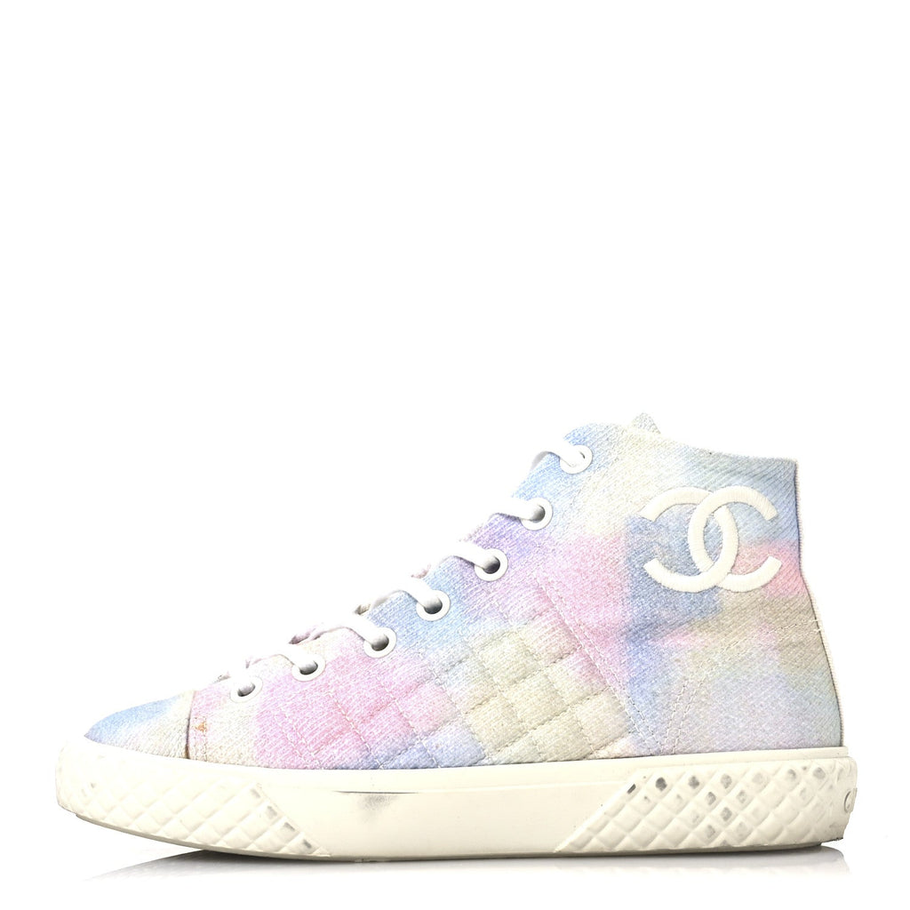 Printed Fabric Quilted High Top Sneakers 38 Green Pink Blue White