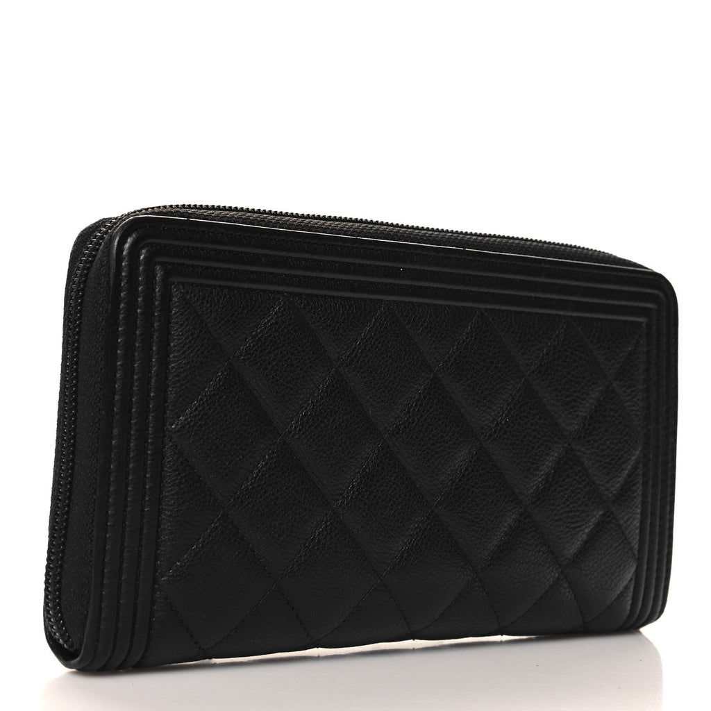 Grained Calfskin Quilted Boy Zip Around Organizer Wallet Black