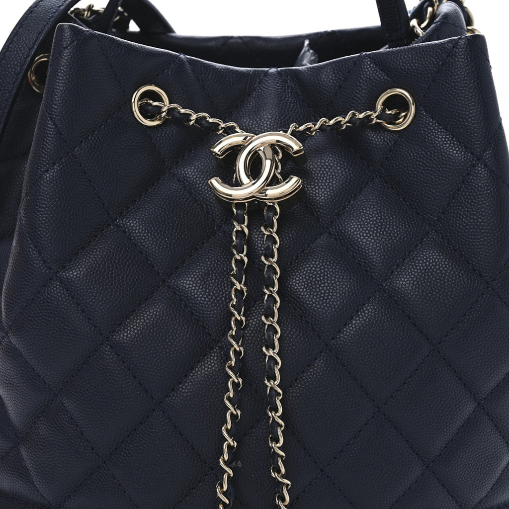 Caviar Quilted Large Rolled Up Bucket Drawstring Bag Navy