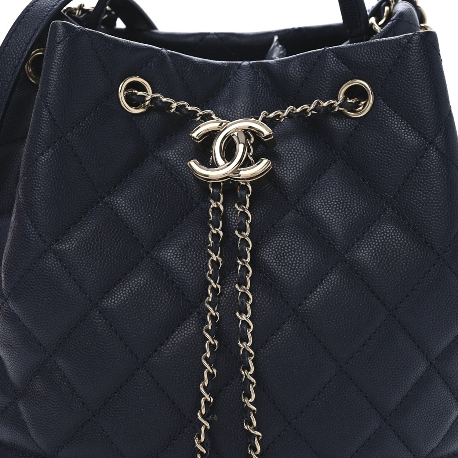Caviar Quilted Large Rolled Up Bucket Drawstring Bag Navy