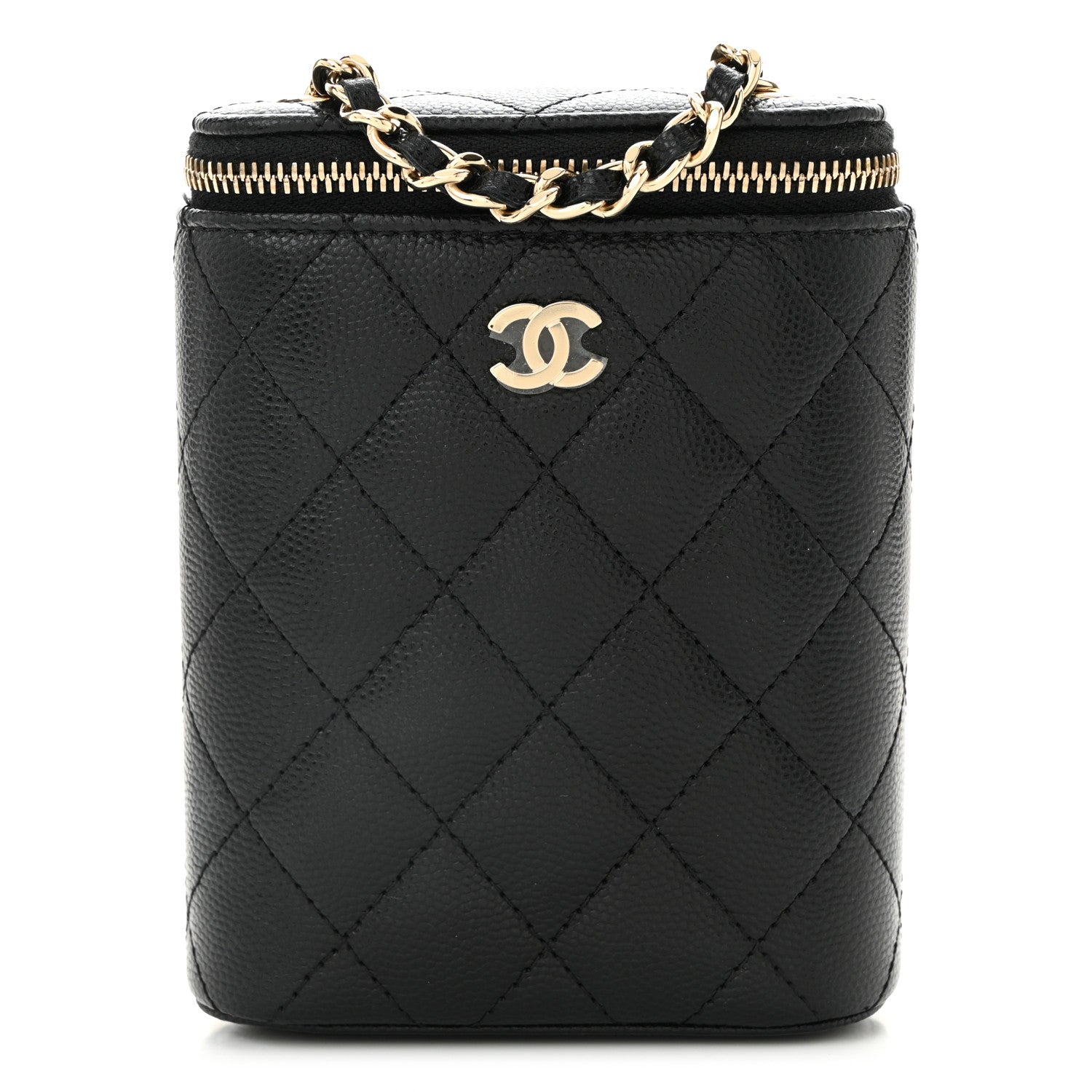 Caviar Quilted Small Vertical Coco Beauty Vanity Case With Chain Black
