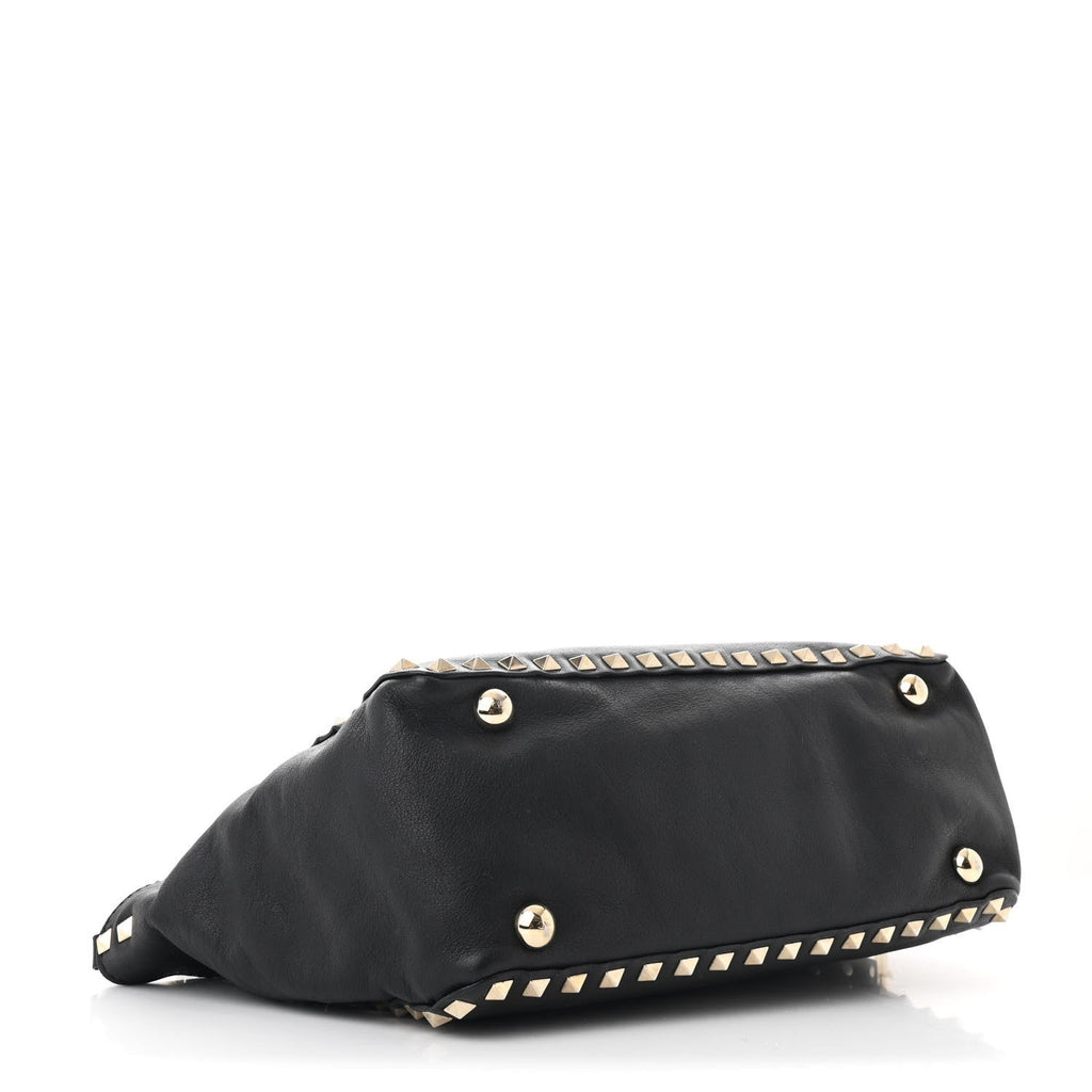 Grained Calfskin Small Rockstud Tote Black